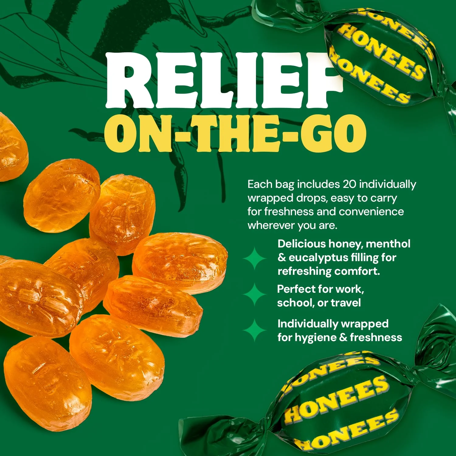 Honees Filled Menthol Cough Drops, Honey, Menthol & Eucalyptus Cough Drops- Natural Sore Throat Relief - Nothing Artificial -Throat Lozenges, Non-GMO (5 Pack - 100 Drops) - Image 3