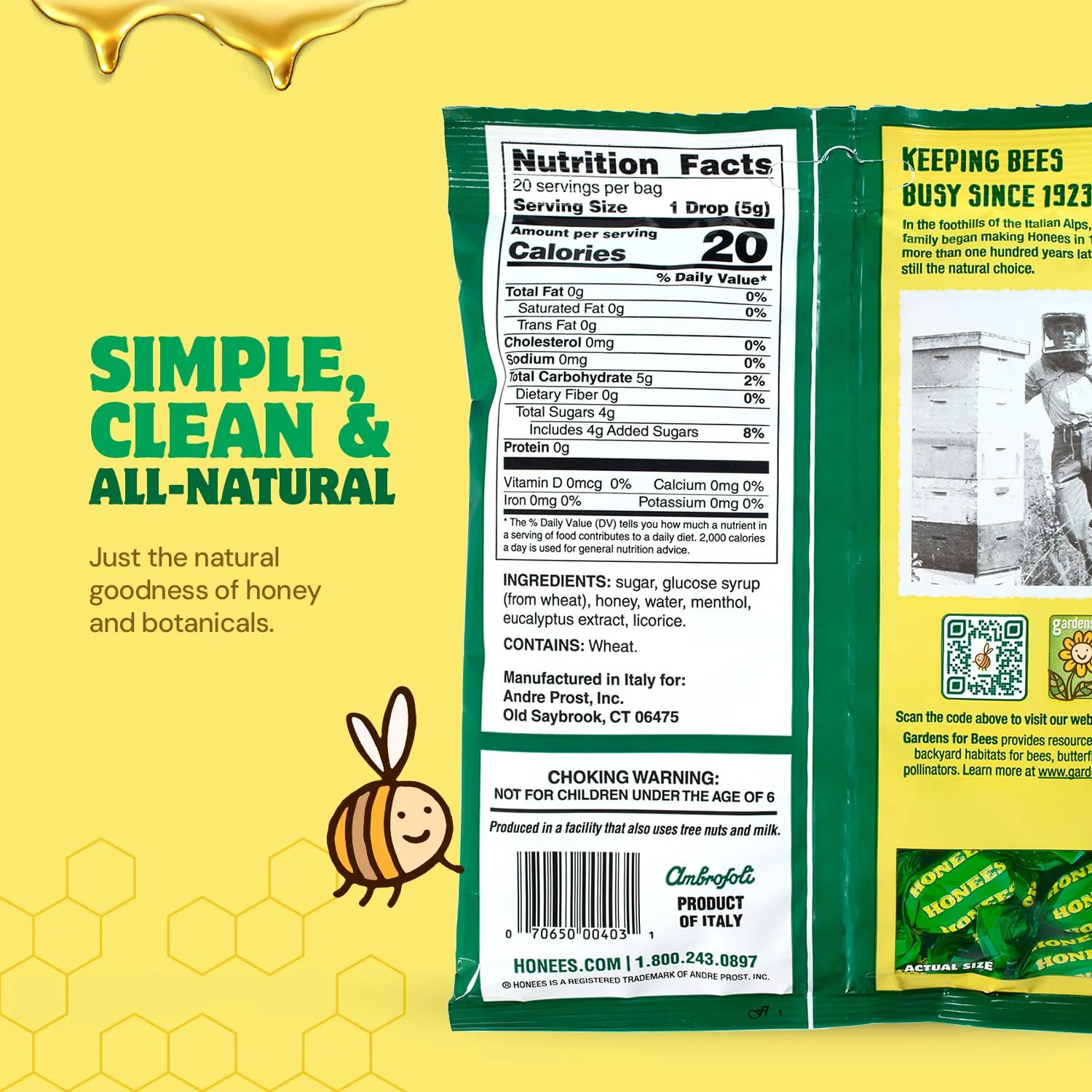 Honees Filled Menthol Cough Drops, Honey, Menthol & Eucalyptus Cough Drops- Natural Sore Throat Relief - Nothing Artificial -Throat Lozenges, Non-GMO (5 Pack - 100 Drops) - Image 4
