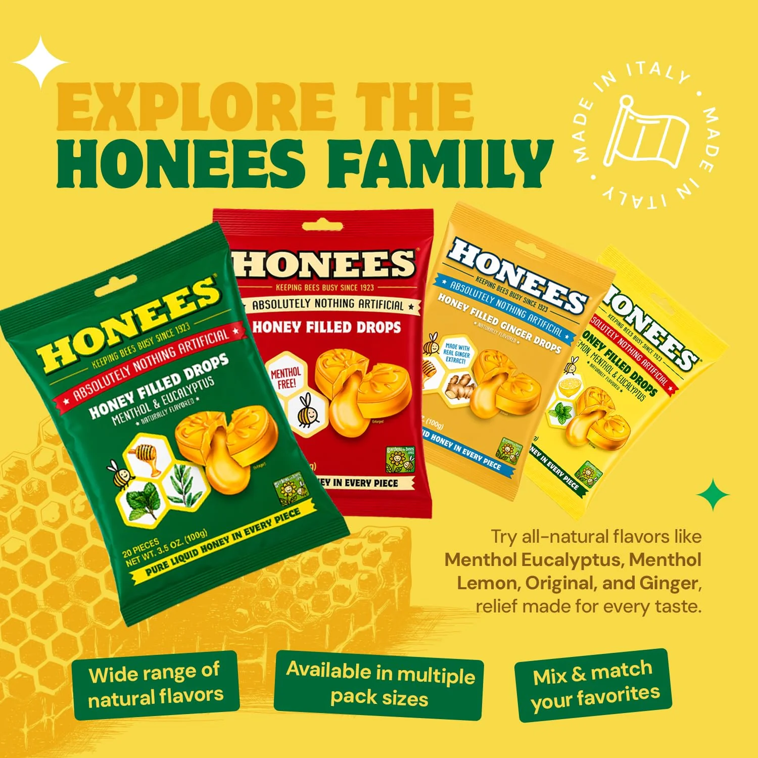 Honees Filled Menthol Cough Drops, Honey, Menthol & Eucalyptus Cough Drops- Natural Sore Throat Relief - Nothing Artificial -Throat Lozenges, Non-GMO (5 Pack - 100 Drops) - Image 7