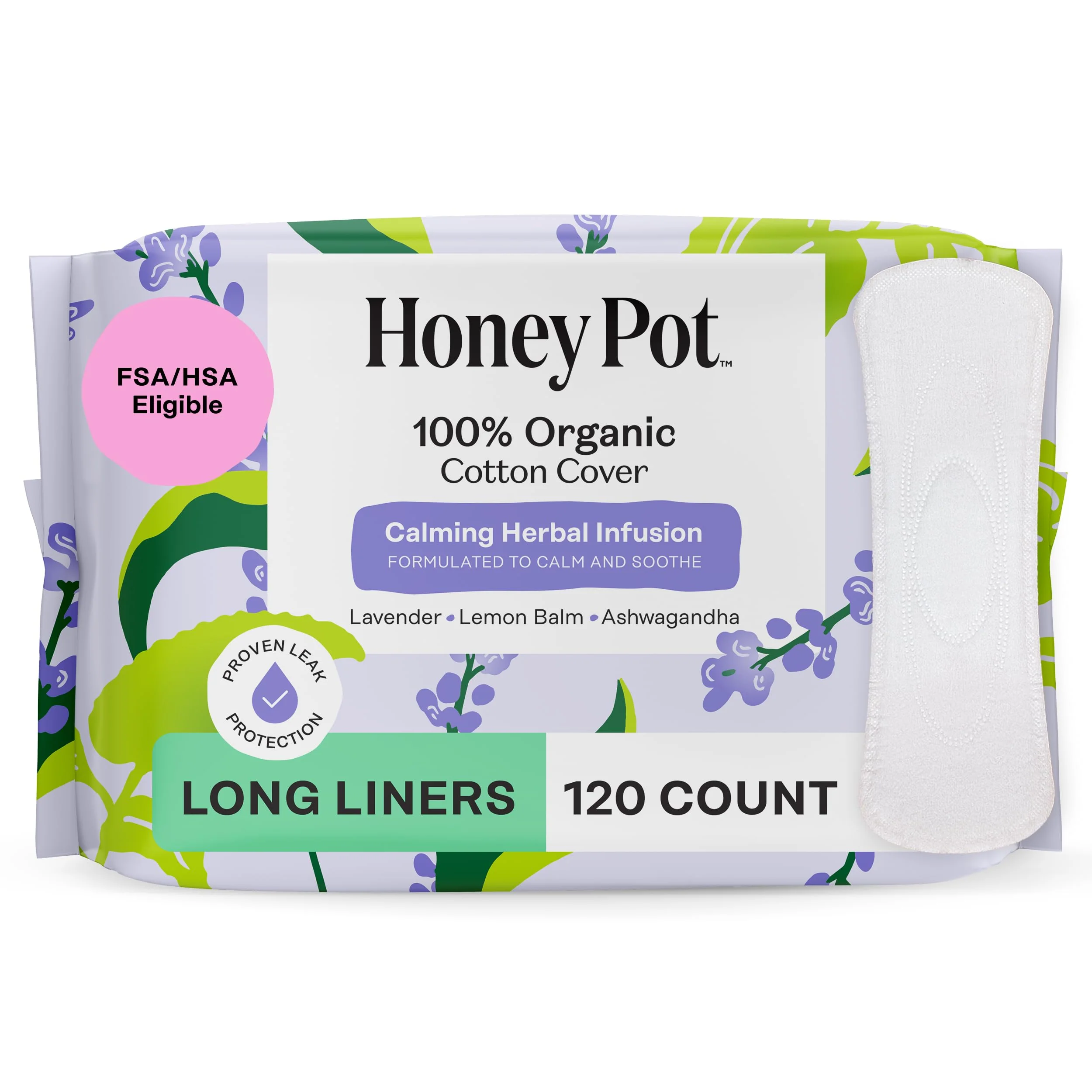 Honey Pot - Calming Long Panty Liners for Women - 100% Organic Cotton Top Sheet - Feminine Care - Non Cooling - Calming Herbs of Lavender, Ashwagandha, & Lemon Balm - 120ct