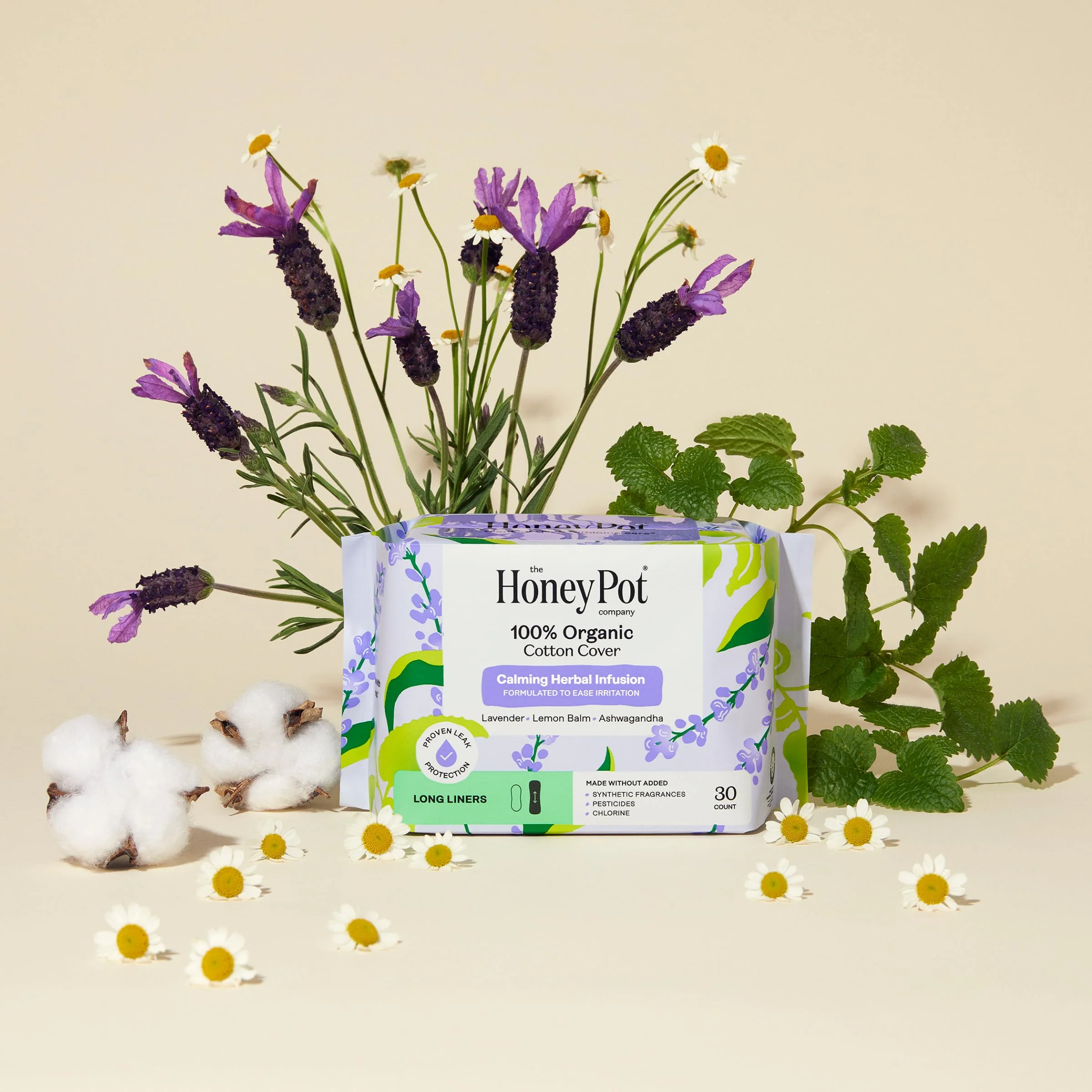 Honey Pot - Calming Long Panty Liners for Women - 100% Organic Cotton Top Sheet - Feminine Care - Non Cooling - Calming Herbs of Lavender, Ashwagandha, & Lemon Balm - 120ct - Image 5