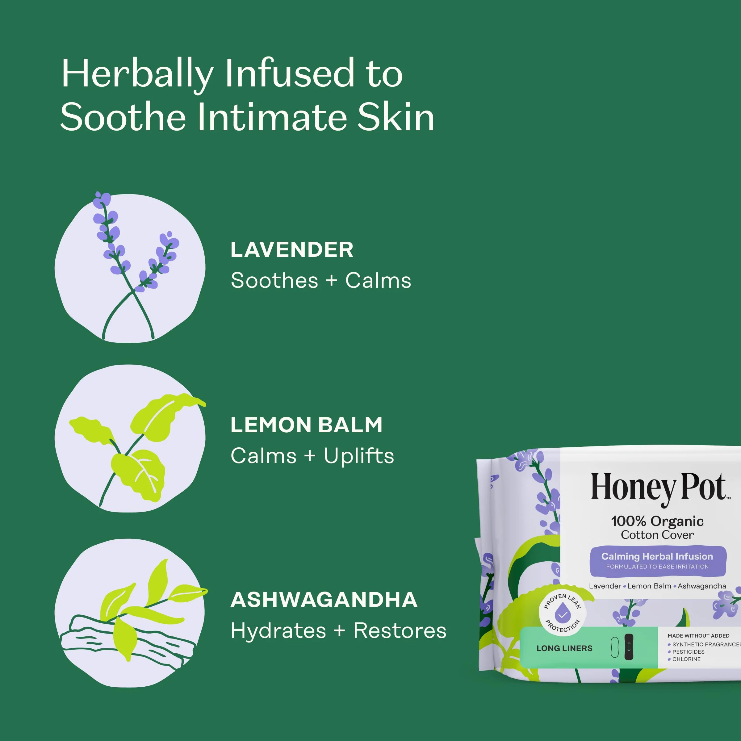 Honey Pot - Calming Long Panty Liners for Women - 100% Organic Cotton Top Sheet - Feminine Care - Non Cooling - Calming Herbs of Lavender, Ashwagandha, & Lemon Balm - 120ct - Image 2