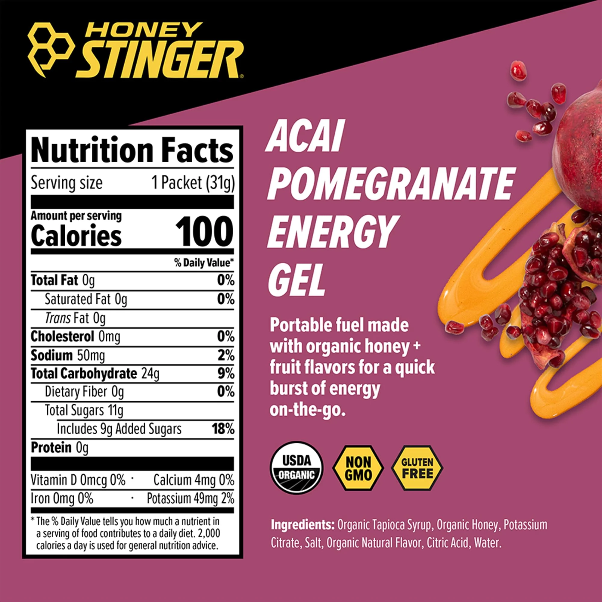 Honey Stinger Organic Acai Pomegranate Energy Gel, Gluten Free & Caffeine Free, for Exercise, Running and Performance, Sports Nutrition for Home & Gym, Pre and Mid Workout, 24 Pack, 26.4 Ounce - Image 2