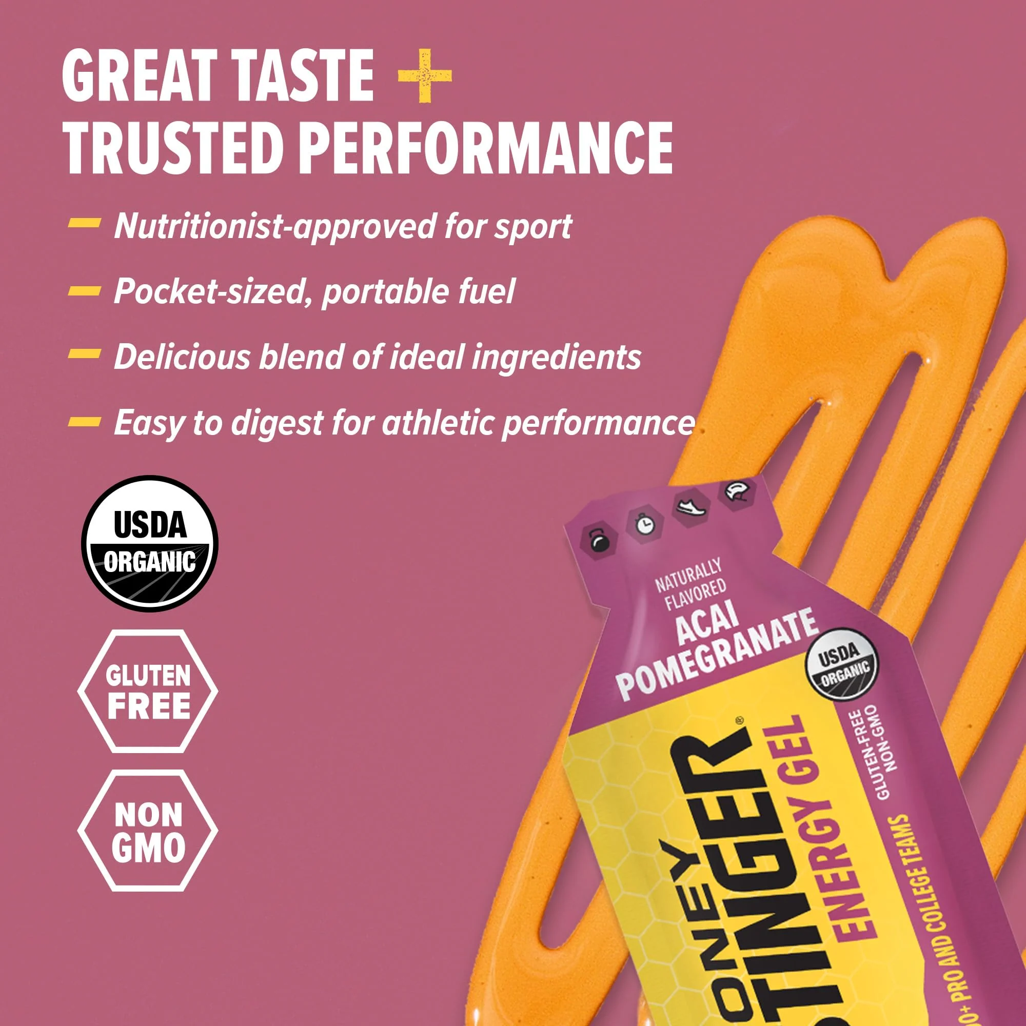 Honey Stinger Organic Acai Pomegranate Energy Gel, Gluten Free & Caffeine Free, for Exercise, Running and Performance, Sports Nutrition for Home & Gym, Pre and Mid Workout, 24 Pack, 26.4 Ounce - Image 3