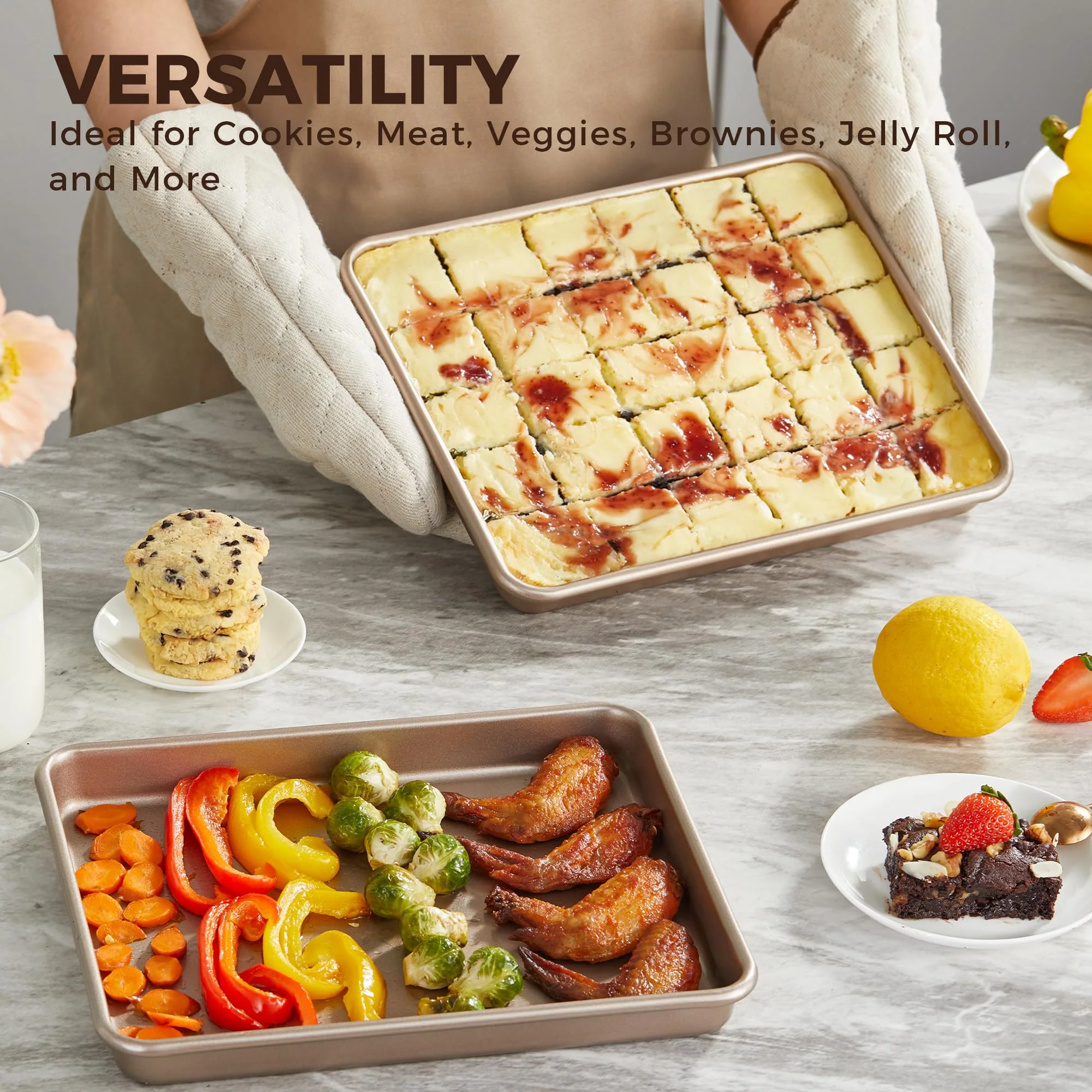HONGBAKE 2 Pack 11 x 9 Inch Toaster Oven Pans and Trays, Small Baking Sheet Set for Cooking, Non-Stick Cookie Sheets, Heavy-Duty 0.8mm Thick, Easy to Clean, 1.26 Inch Deep, Gold - Image 5