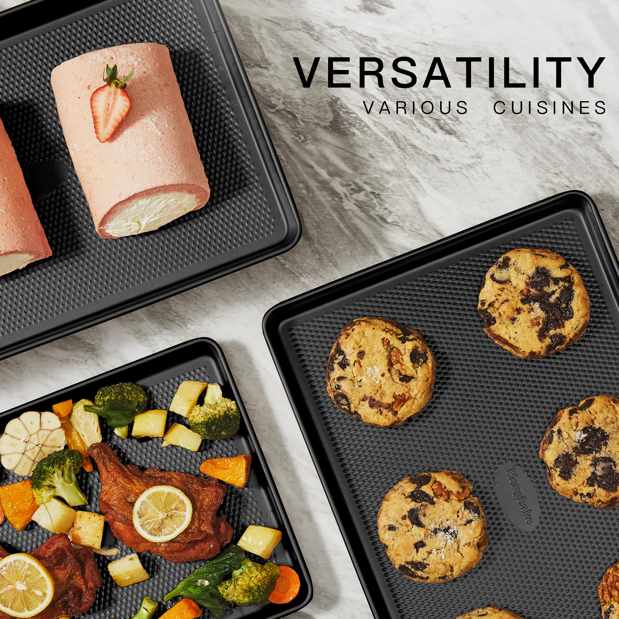 HONGBAKE 2 Pack Jelly Roll Pan Set 15x10, Cookie Sheets for Baking with Diamond Texture, Baking Sheets Non Stick, Non Toxic Oven Trays for Cooking, Heavy Duty 57% Thicker Carbon Steel, Dark Gray - Image 5