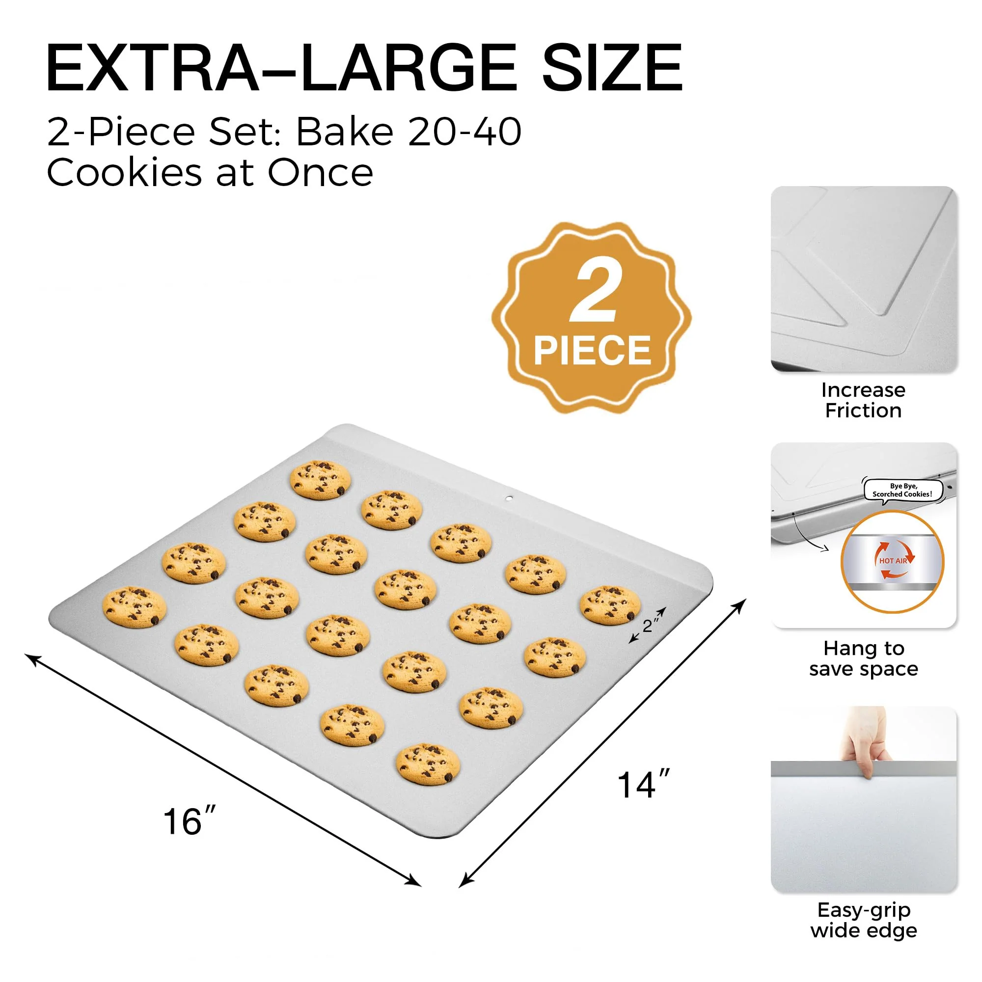 HONGBAKE 2 Pieces Large Flat Cookie Sheet No Edges, Nonstick Insulated Baking Pan, Commercial Oven Trays for Cooking, 16" X 14", Grey - Image 3