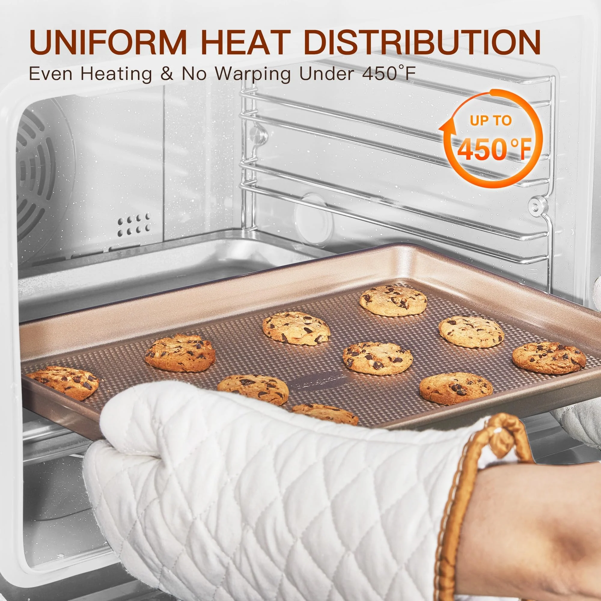 HONGBAKE 3 Pack Gold Nonstick Baking Sheet Pan Set with Oven Mitts Heat Resistant, Non-Toxic Half/Quarter/Jelly Roll Pans with Diamond Texture Pattern, Heavy Duty 0.8mm Thick Cookie Trays for Cooking - Image 3