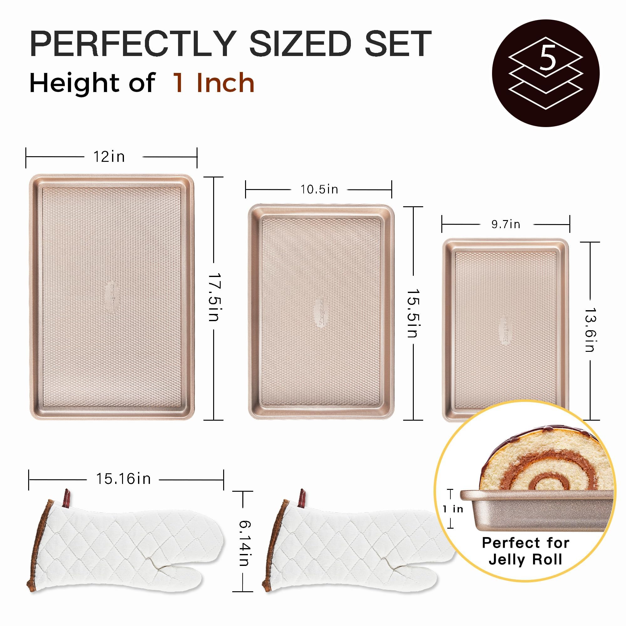 HONGBAKE 3 Pack Gold Nonstick Baking Sheet Pan Set with Oven Mitts Heat Resistant, Non-Toxic Half/Quarter/Jelly Roll Pans with Diamond Texture Pattern, Heavy Duty 0.8mm Thick Cookie Trays for Cooking - Image 5