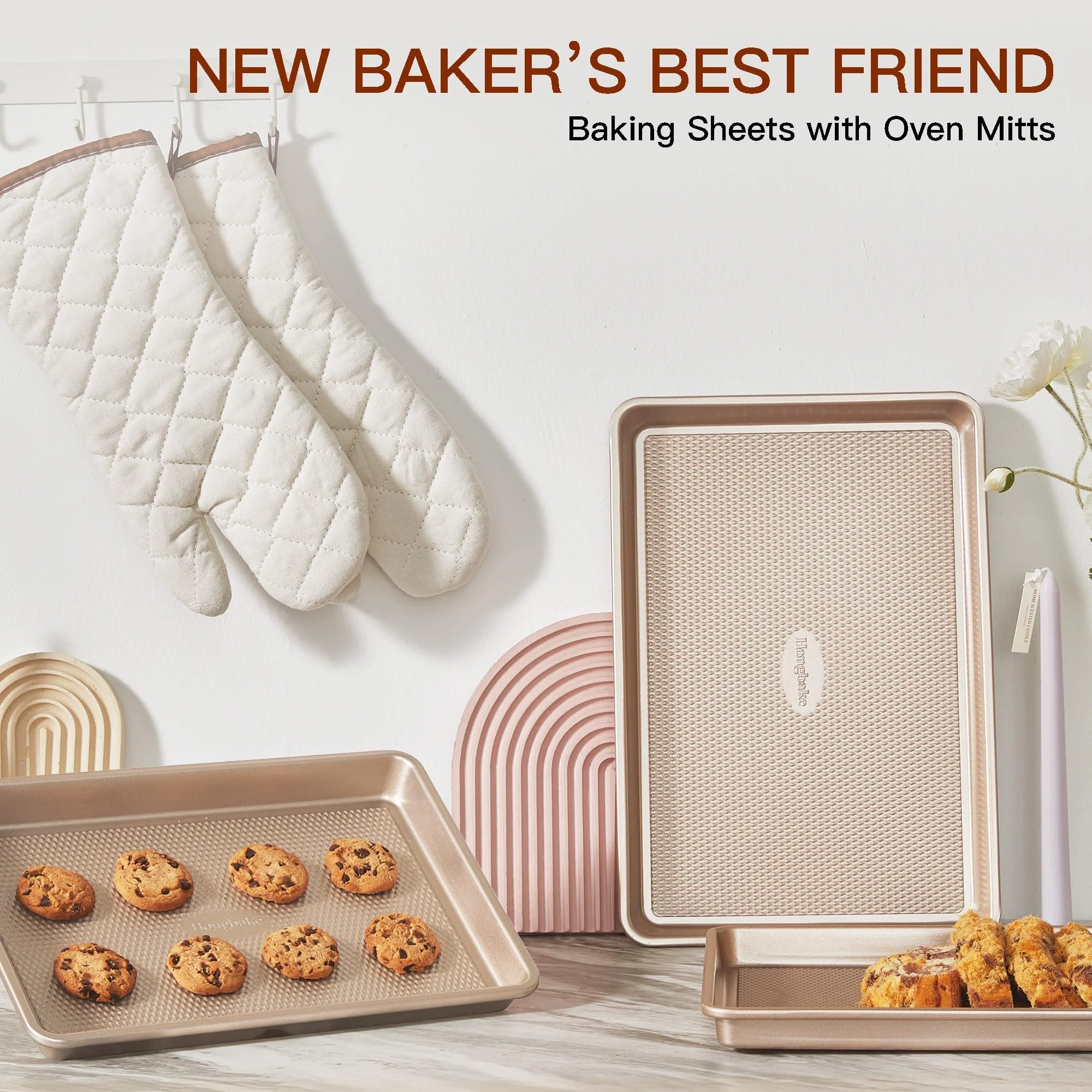 HONGBAKE 3 Pack Gold Nonstick Baking Sheet Pan Set with Oven Mitts Heat Resistant, Non-Toxic Half/Quarter/Jelly Roll Pans with Diamond Texture Pattern, Heavy Duty 0.8mm Thick Cookie Trays for Cooking - Image 6