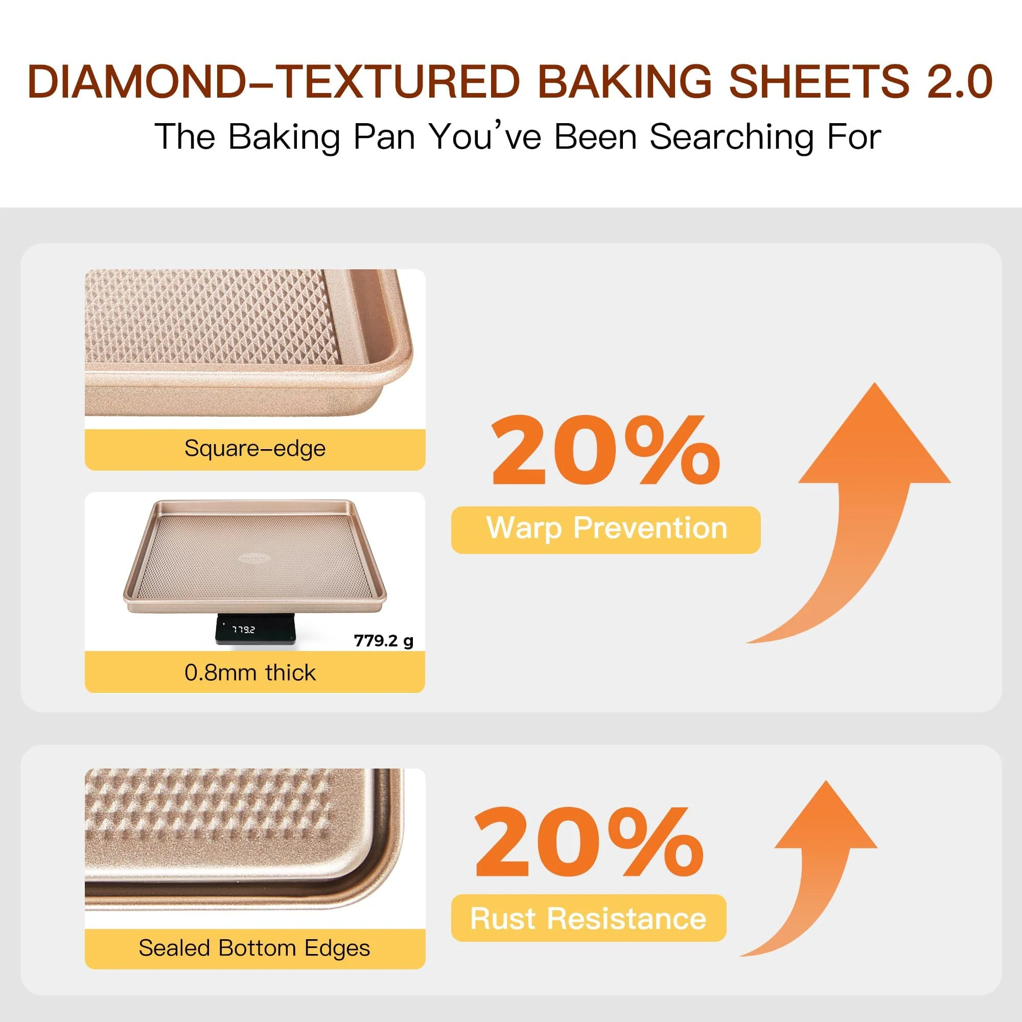 HONGBAKE 3 Pack Gold Nonstick Baking Sheet Pan Set with Oven Mitts Heat Resistant, Non-Toxic Half/Quarter/Jelly Roll Pans with Diamond Texture Pattern, Heavy Duty 0.8mm Thick Cookie Trays for Cooking - Image 8
