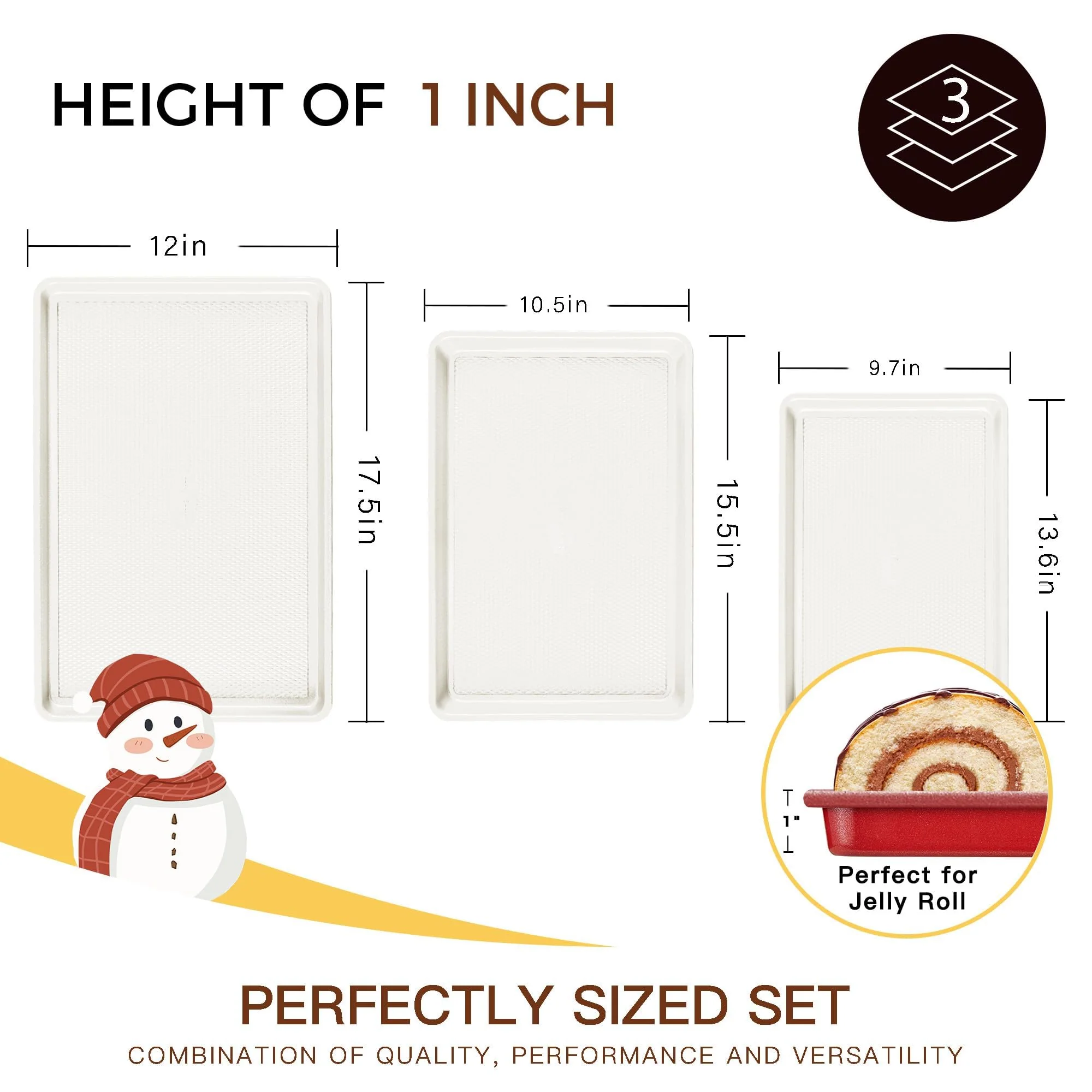 HONGBAKE 3 Pack Nonstick Ceramic Baking Sheet Pan Set for Oven, Non-Toxic Half/Quarter/Jelly Roll Pans with Diamond Texture, 0.8mm Aluminized Steel Cookie Trays for Cooking, Christmas Red & Cream - Image 3