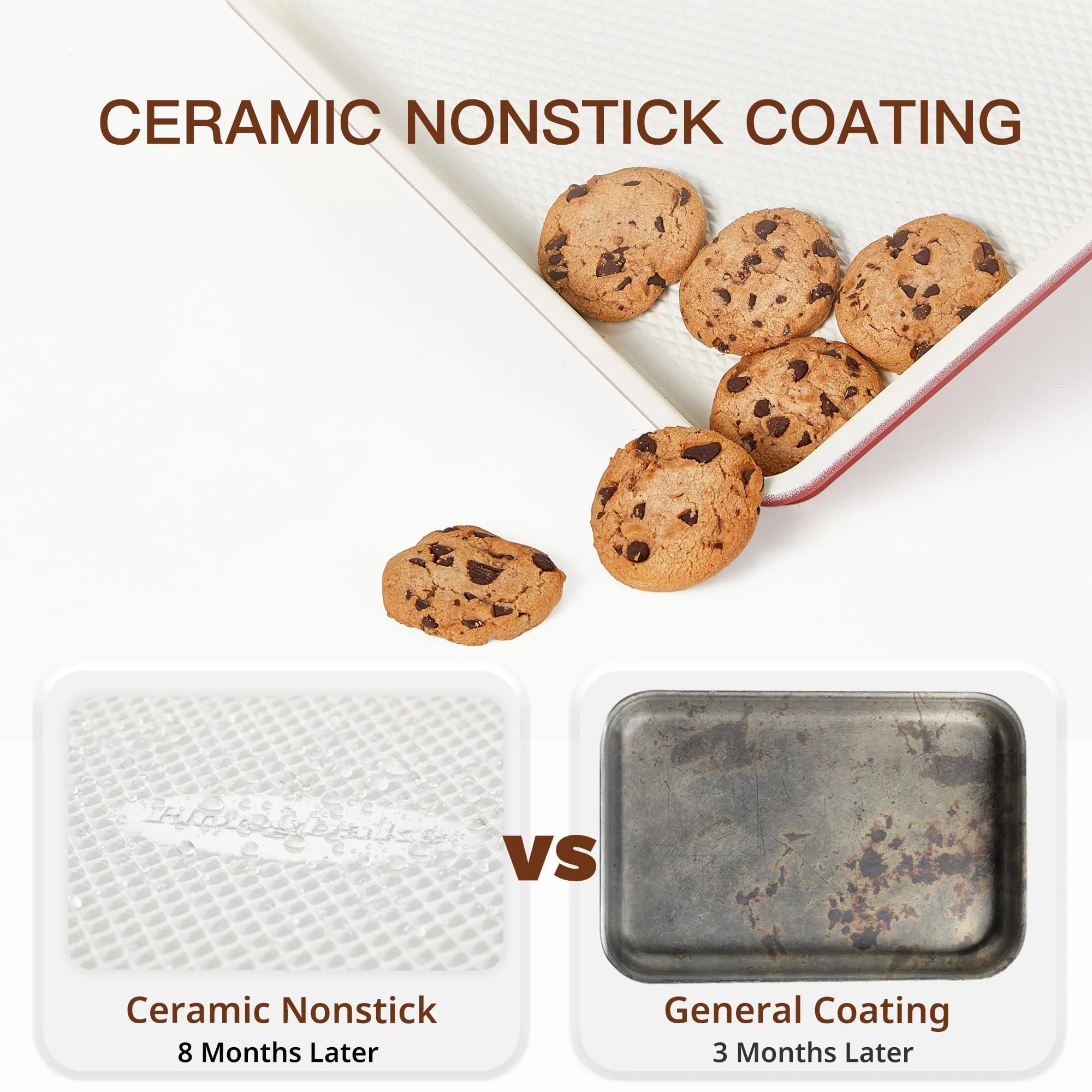HONGBAKE 3 Pack Nonstick Ceramic Baking Sheet Pan Set for Oven, Non-Toxic Half/Quarter/Jelly Roll Pans with Diamond Texture, 0.8mm Aluminized Steel Cookie Trays for Cooking, Christmas Red & Cream - Image 6
