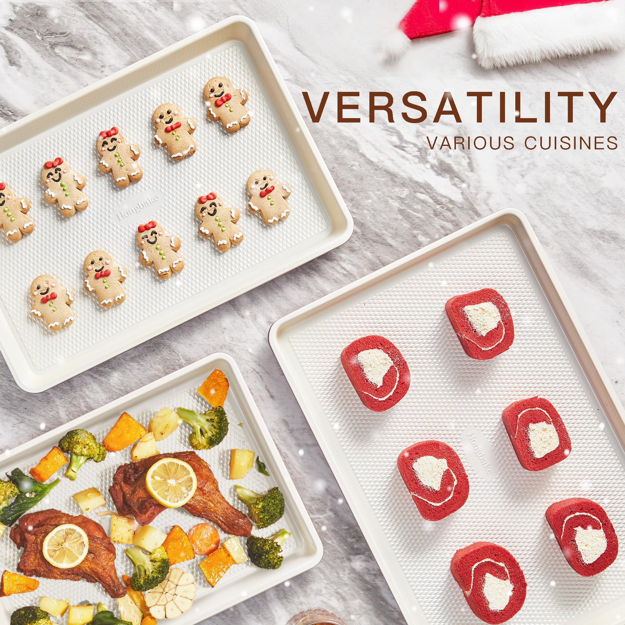 HONGBAKE 3 Pack Nonstick Ceramic Baking Sheet Pan Set for Oven, Non-Toxic Half/Quarter/Jelly Roll Pans with Diamond Texture, 0.8mm Aluminized Steel Cookie Trays for Cooking, Christmas Red & Cream - Image 7