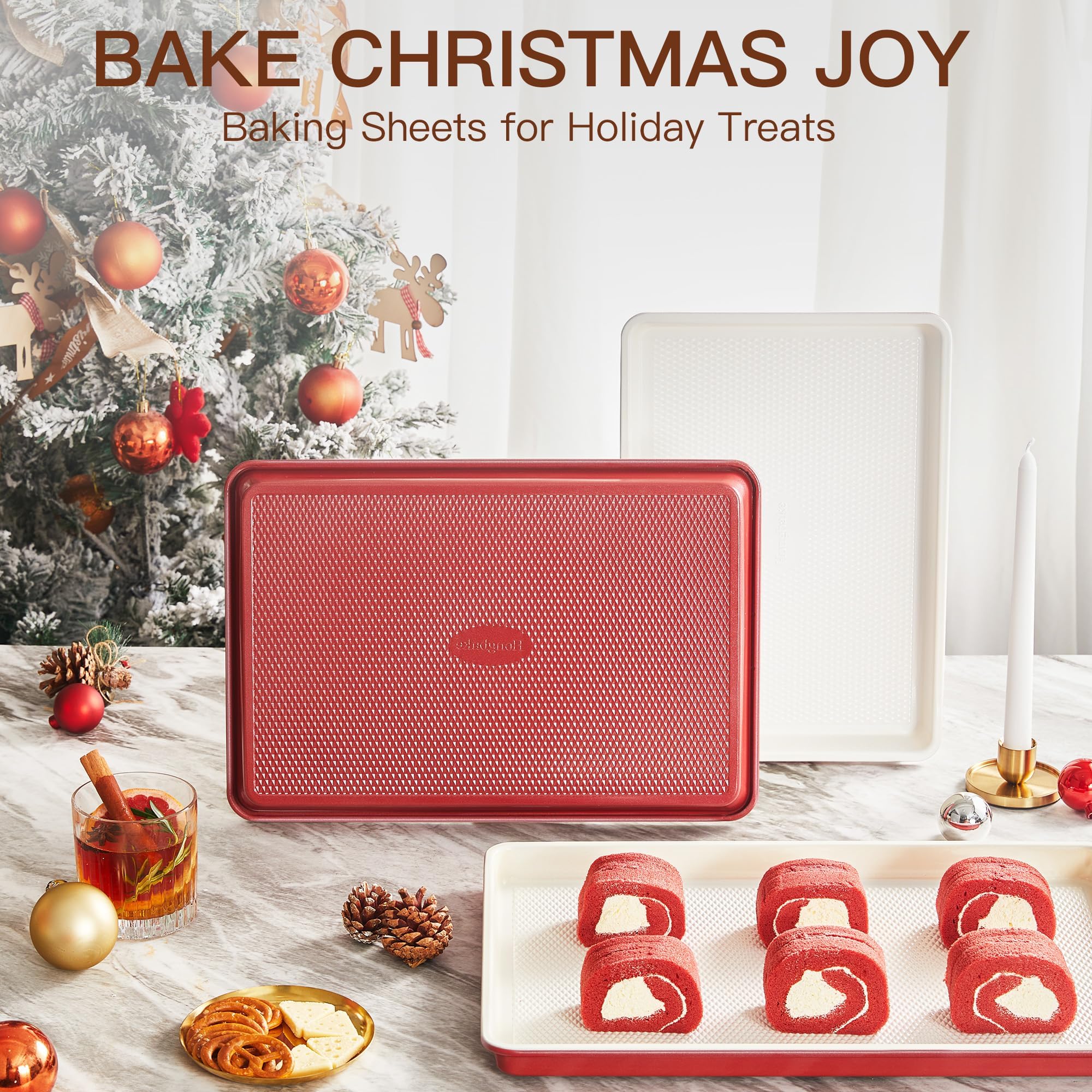 HONGBAKE 3 Pack Nonstick Ceramic Baking Sheet Pan Set for Oven, Non-Toxic Half/Quarter/Jelly Roll Pans with Diamond Texture, 0.8mm Aluminized Steel Cookie Trays for Cooking, Christmas Red & Cream - Image 8