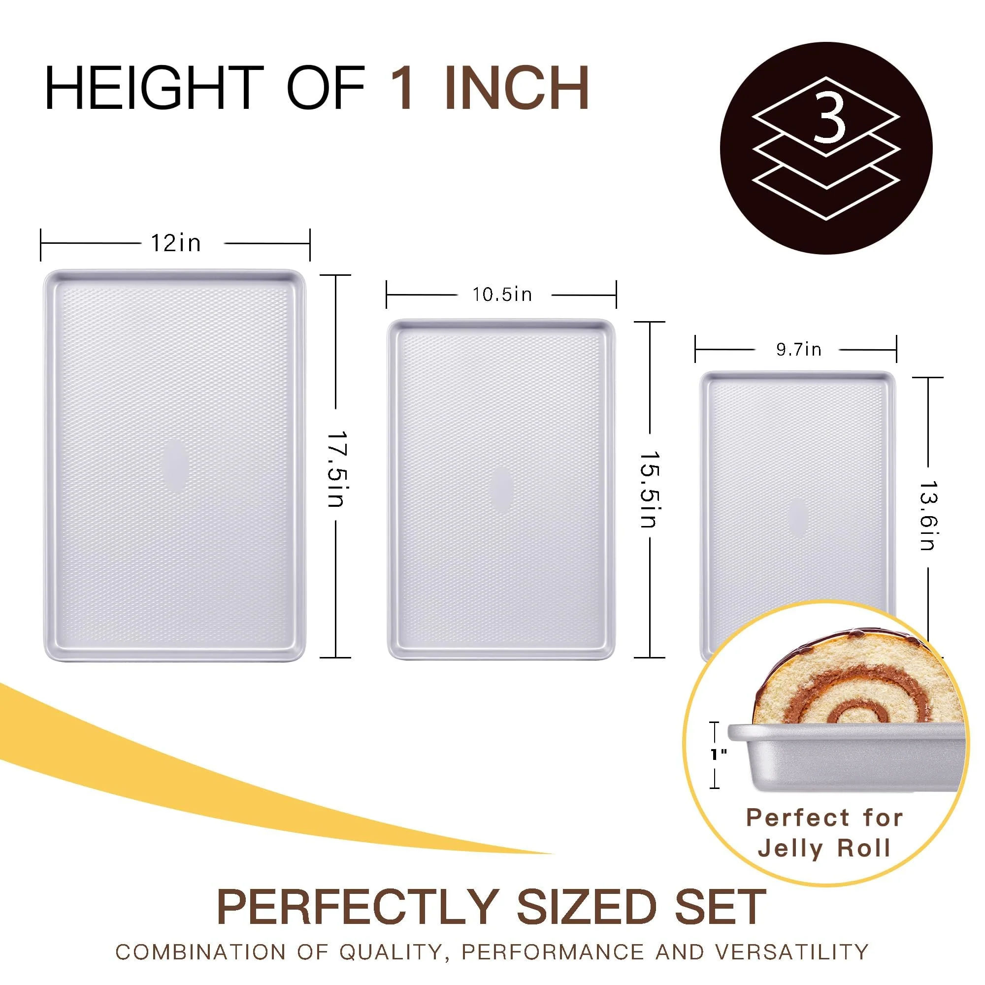 HONGBAKE 3 Pack Nonstick Ceramic Baking Sheet Pan Set for Oven, Non-Toxic Half/Quarter/Jelly Roll Pans with Diamond Texture, Heavy Duty 0.8mm Aluminized Steel Cookie Trays for Cooking, Light Grey - Image 3