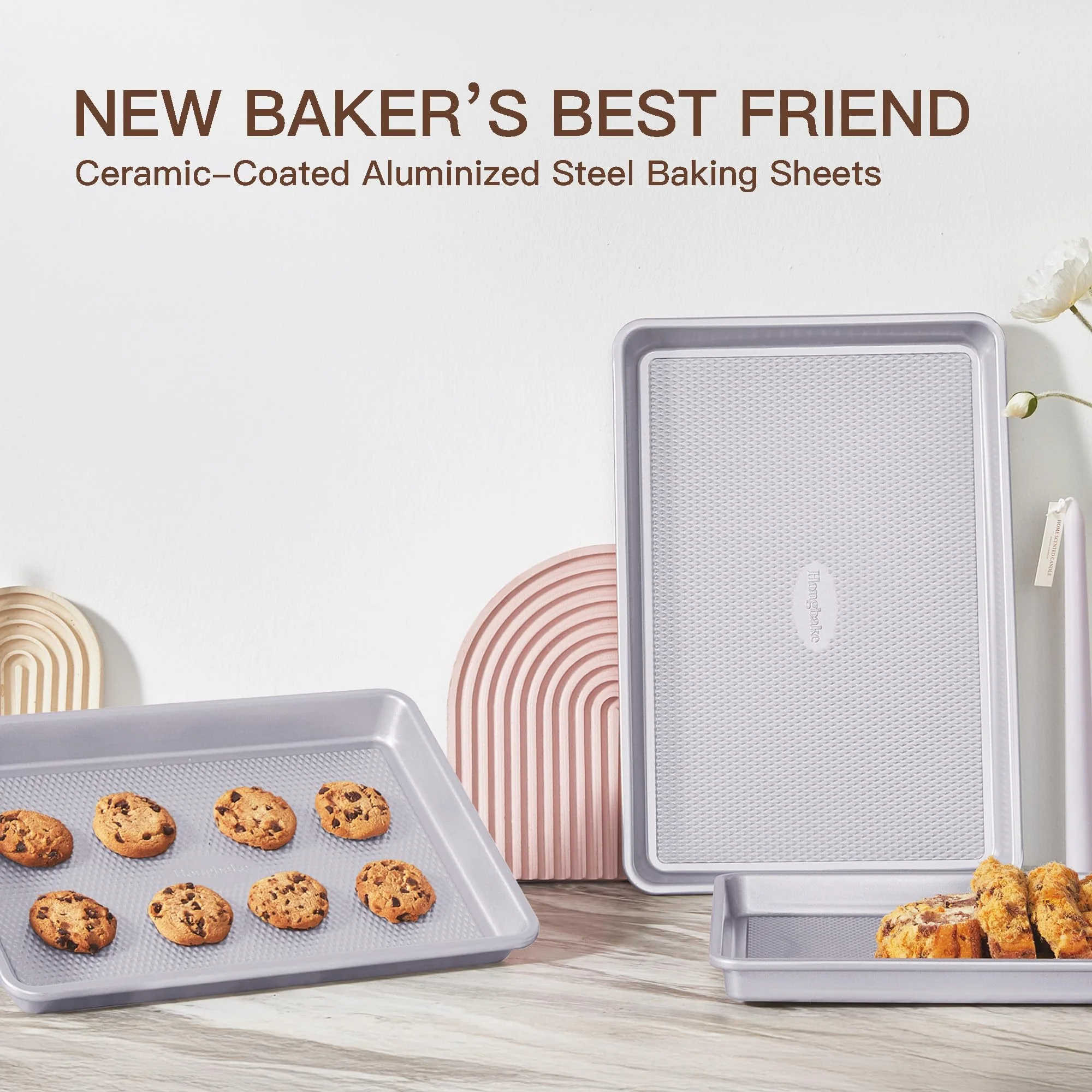 HONGBAKE 3 Pack Nonstick Ceramic Baking Sheet Pan Set for Oven, Non-Toxic Half/Quarter/Jelly Roll Pans with Diamond Texture, Heavy Duty 0.8mm Aluminized Steel Cookie Trays for Cooking, Light Grey - Image 7