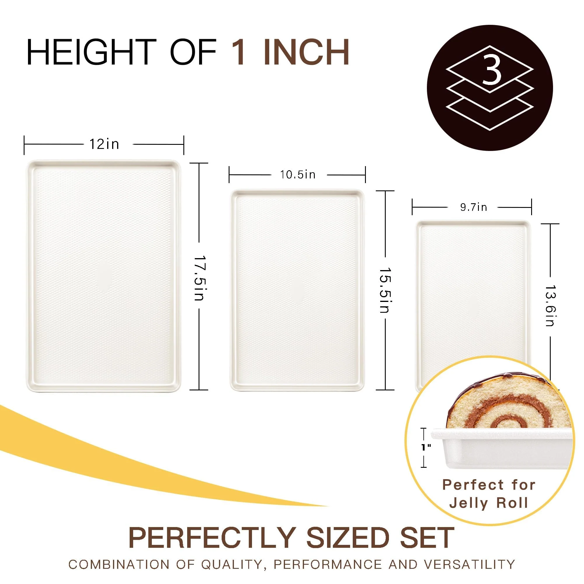 HONGBAKE 3 Pack Nonstick Ceramic Baking Sheet Pan Set for Oven, Non-Toxic Half/Quarter/Jelly Roll Pans with Diamond Texture, Heavy Duty 0.8mm Thick Aluminized Steel Cookie Trays for Cooking, Cream - Image 3