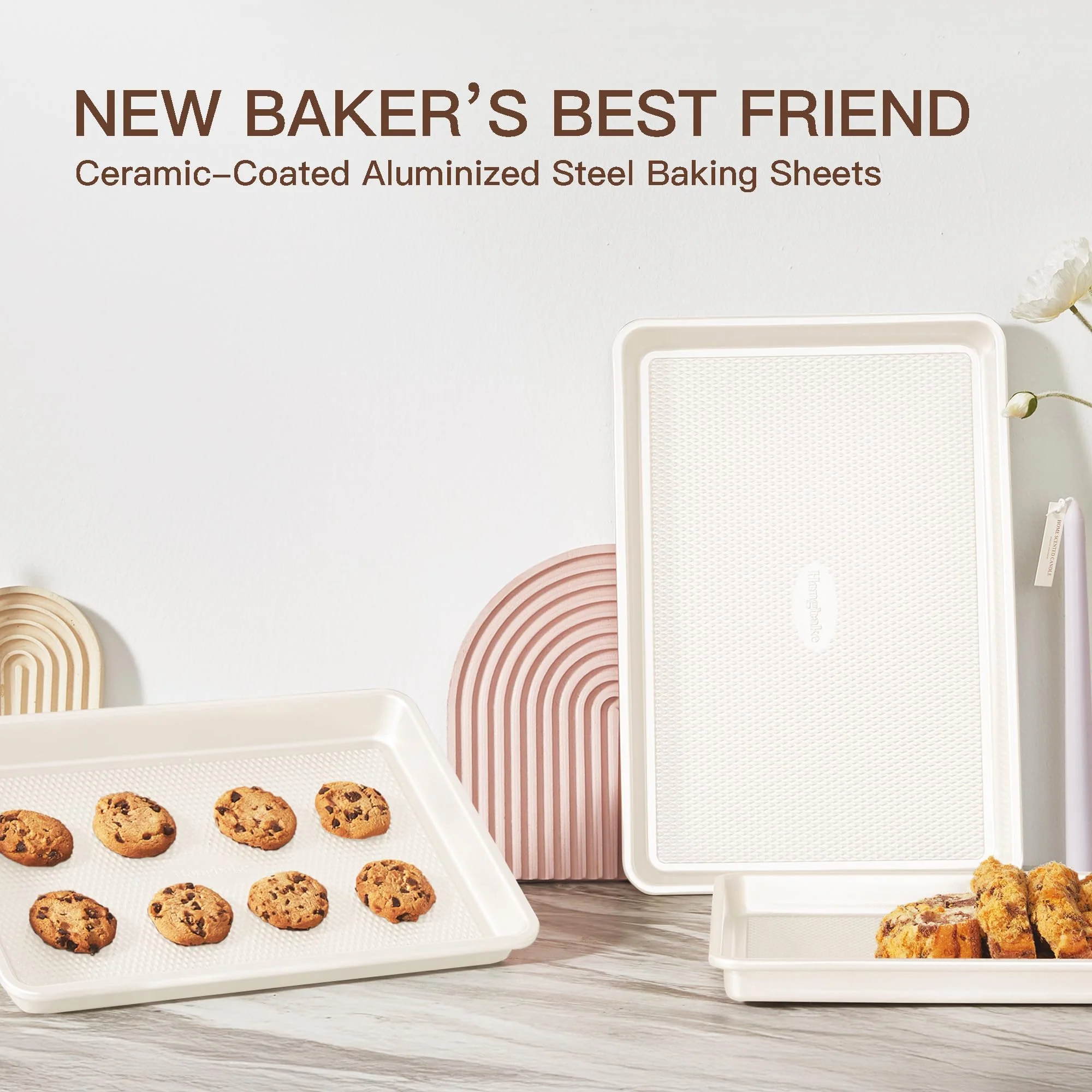 HONGBAKE 3 Pack Nonstick Ceramic Baking Sheet Pan Set for Oven, Non-Toxic Half/Quarter/Jelly Roll Pans with Diamond Texture, Heavy Duty 0.8mm Thick Aluminized Steel Cookie Trays for Cooking, Cream - Image 7