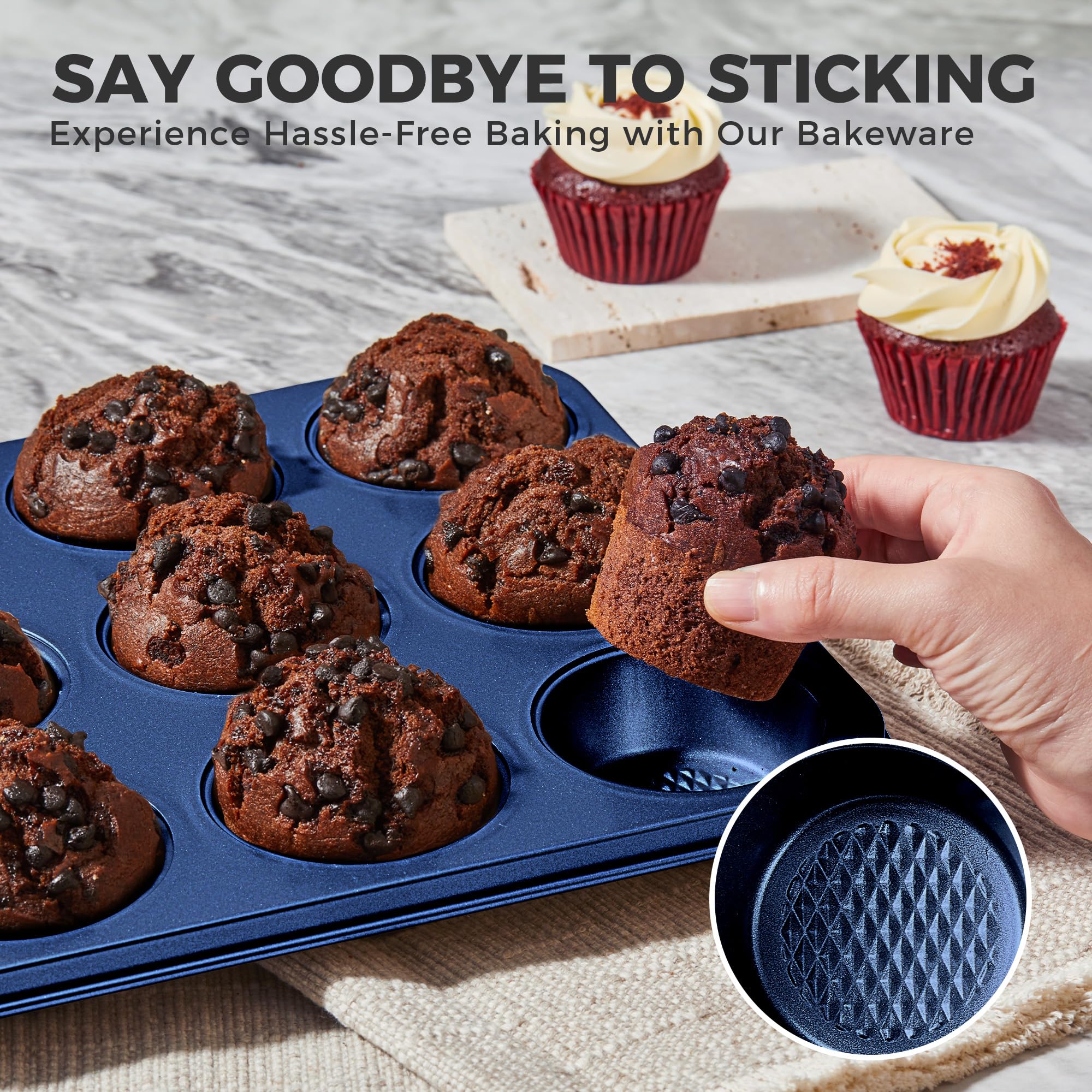 HONGBAKE 9-Piece Baking Pans Set Nonstick, Stackable Non Toxic Bakeware Sets with Diamond Texture, Oven Pan Set for Cooking, Includes Cookie Sheet with Rack, Cake Pan, Roasting Pan, Muffin Tin, Blue - Image 5