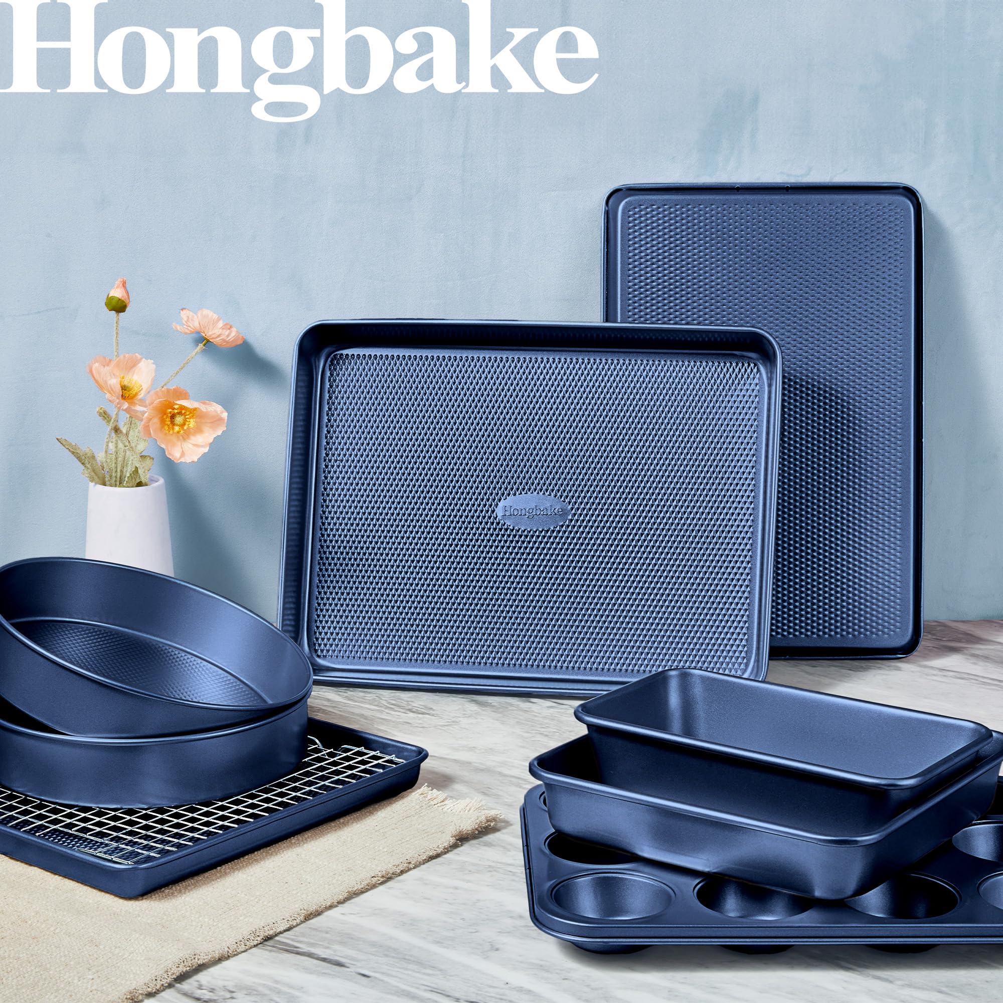 HONGBAKE 9-Piece Baking Pans Set Nonstick, Stackable Non Toxic Bakeware Sets with Diamond Texture, Oven Pan Set for Cooking, Includes Cookie Sheet with Rack, Cake Pan, Roasting Pan, Muffin Tin, Blue - Image 9