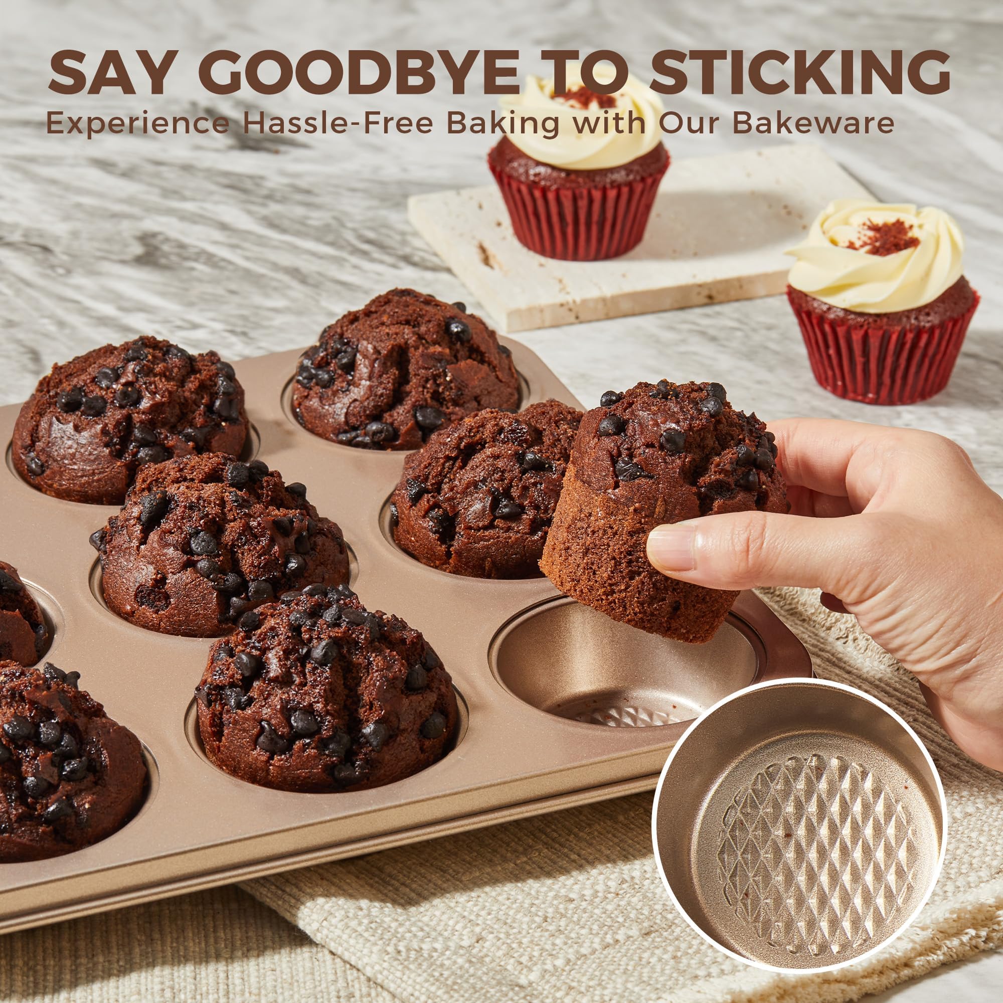 HONGBAKE 9-Piece Baking Pans Set Nonstick, Stackable Non Toxic Bakeware Sets with Diamond Texture, Oven Pan Set for Cooking, Includes Cookie Sheet with Rack, Cake Pan, Roasting Pan, Muffin Tin, Gold - Image 4