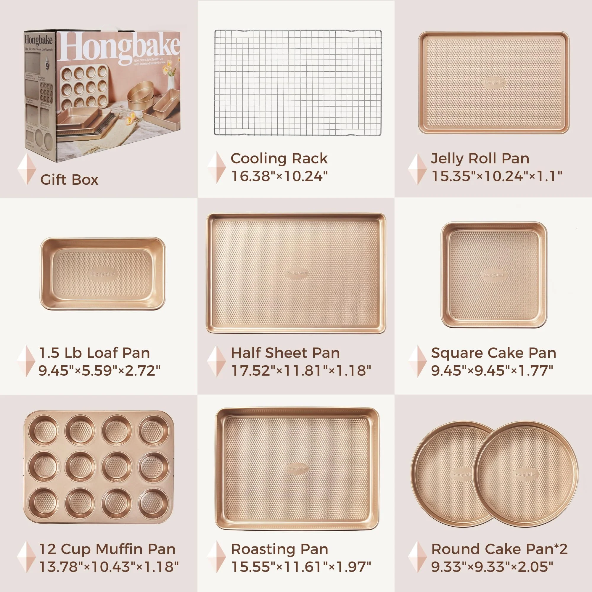 HONGBAKE 9-Piece Baking Pans Set Nonstick, Stackable Non Toxic Bakeware Sets with Diamond Texture, Oven Pan Set for Cooking, Includes Cookie Sheet with Rack, Cake Pan, Roasting Pan, Muffin Tin, Gold - Image 5