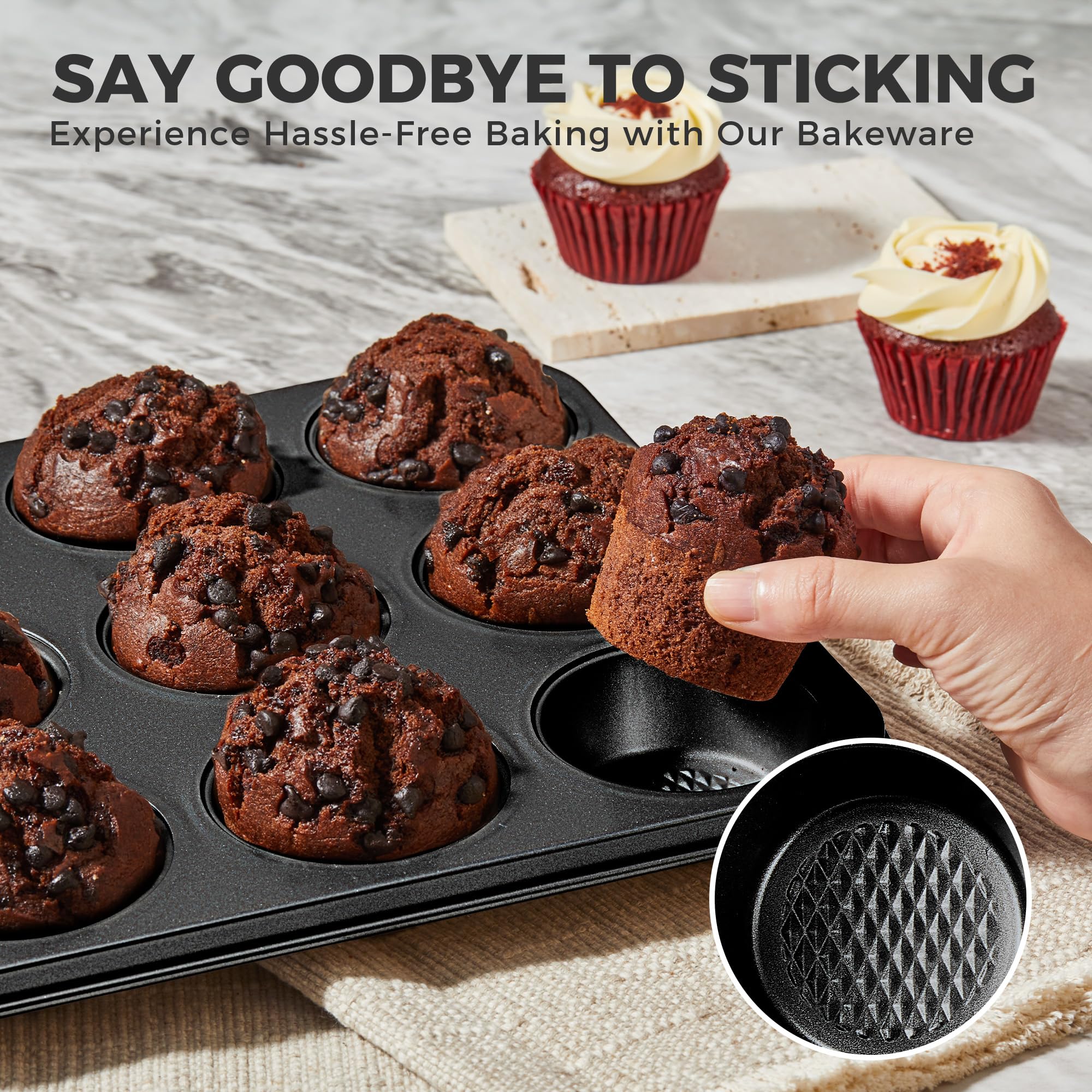 HONGBAKE 9-Piece Baking Pans Set Nonstick, Stackable Non Toxic Bakeware Sets with Diamond Texture, Oven Pan Set for Cooking, Includes Cookie Sheet with Rack, Cake Pan, Roasting Pan, Muffin Tin, Gray - Image 5