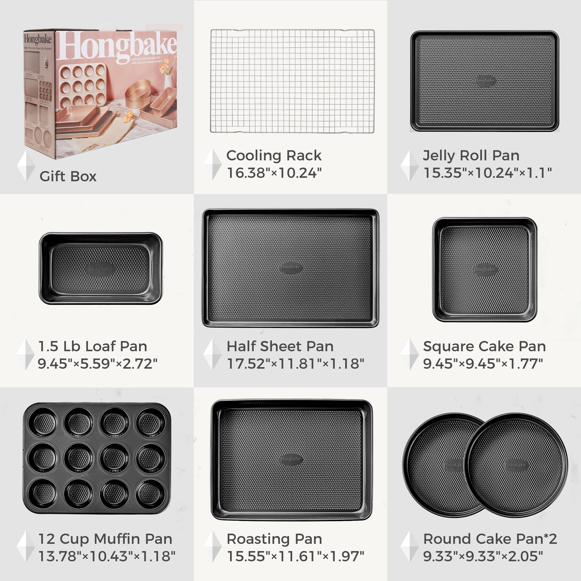 HONGBAKE 9-Piece Baking Pans Set Nonstick, Stackable Non Toxic Bakeware Sets with Diamond Texture, Oven Pan Set for Cooking, Includes Cookie Sheet with Rack, Cake Pan, Roasting Pan, Muffin Tin, Gray - Image 6