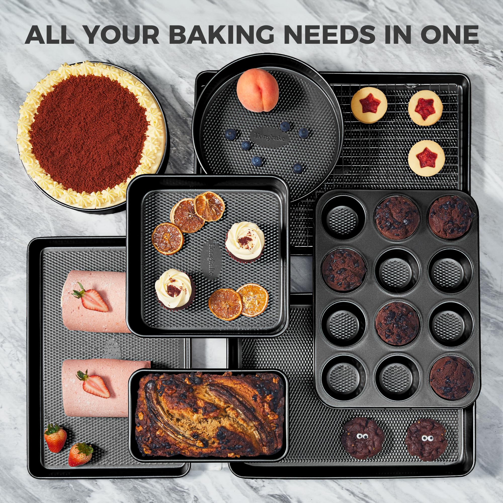 HONGBAKE 9-Piece Baking Pans Set Nonstick, Stackable Non Toxic Bakeware Sets with Diamond Texture, Oven Pan Set for Cooking, Includes Cookie Sheet with Rack, Cake Pan, Roasting Pan, Muffin Tin, Gray - Image 8