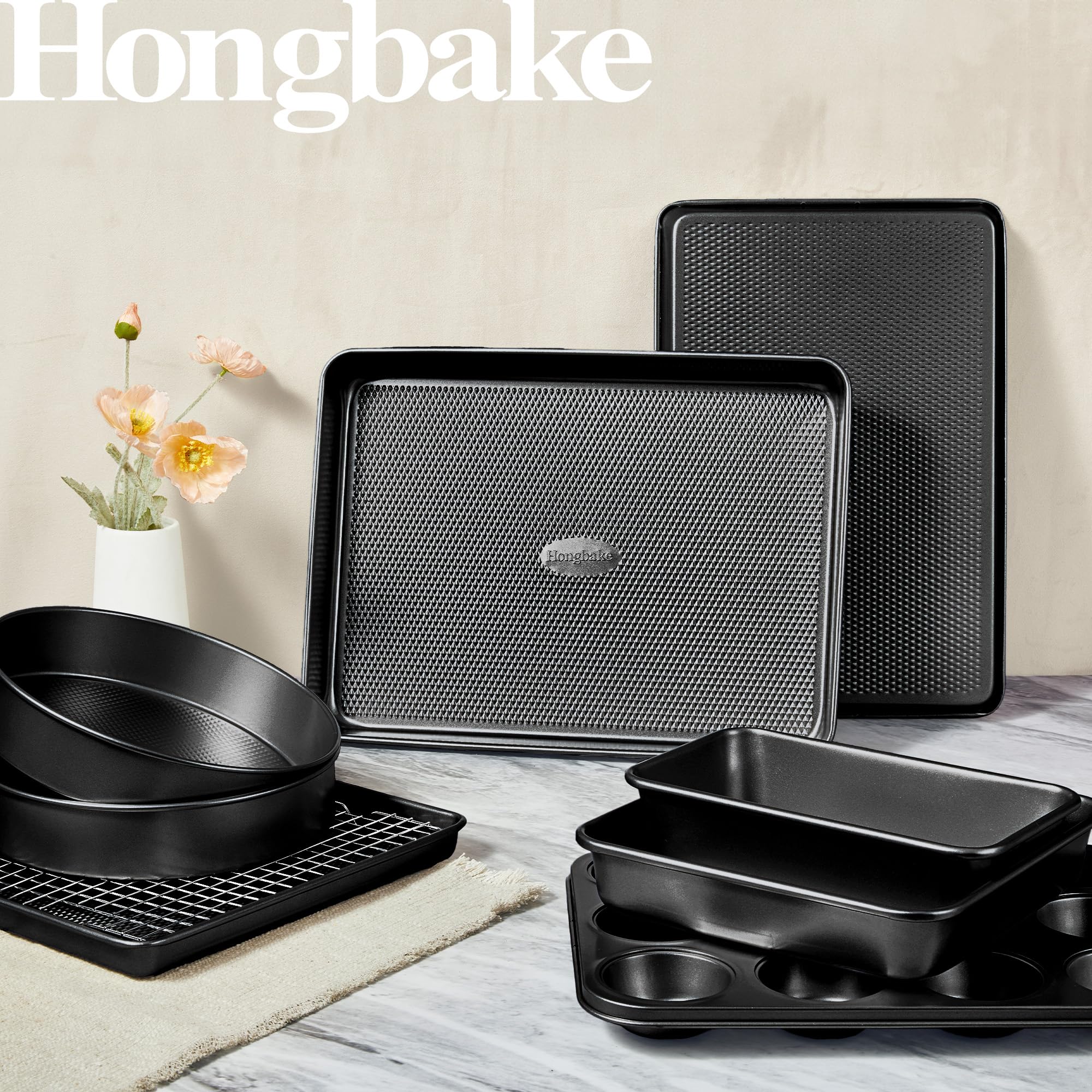 HONGBAKE 9-Piece Baking Pans Set Nonstick, Stackable Non Toxic Bakeware Sets with Diamond Texture, Oven Pan Set for Cooking, Includes Cookie Sheet with Rack, Cake Pan, Roasting Pan, Muffin Tin, Gray - Image 9