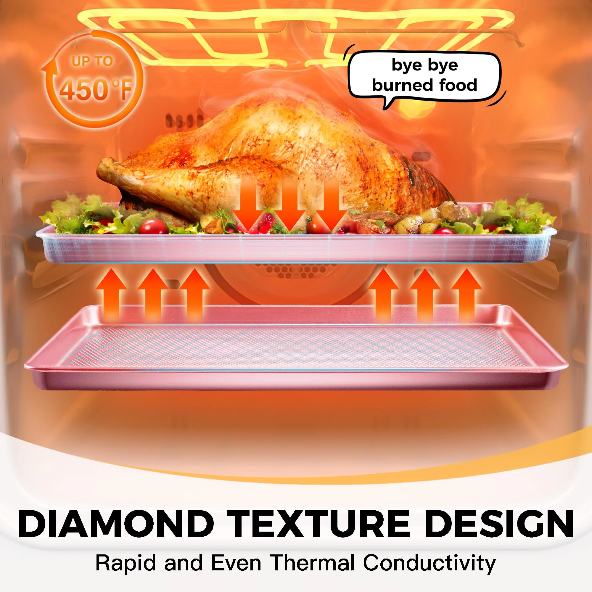 HONGBAKE 9-Piece Baking Pans Set Nonstick, Stackable Non Toxic Bakeware Sets with Diamond Texture, Oven Pan Set for Cooking, Includes Cookie Sheet with Rack, Cake Pan, Roasting Pan, Muffin Tin, Pink - Image 2