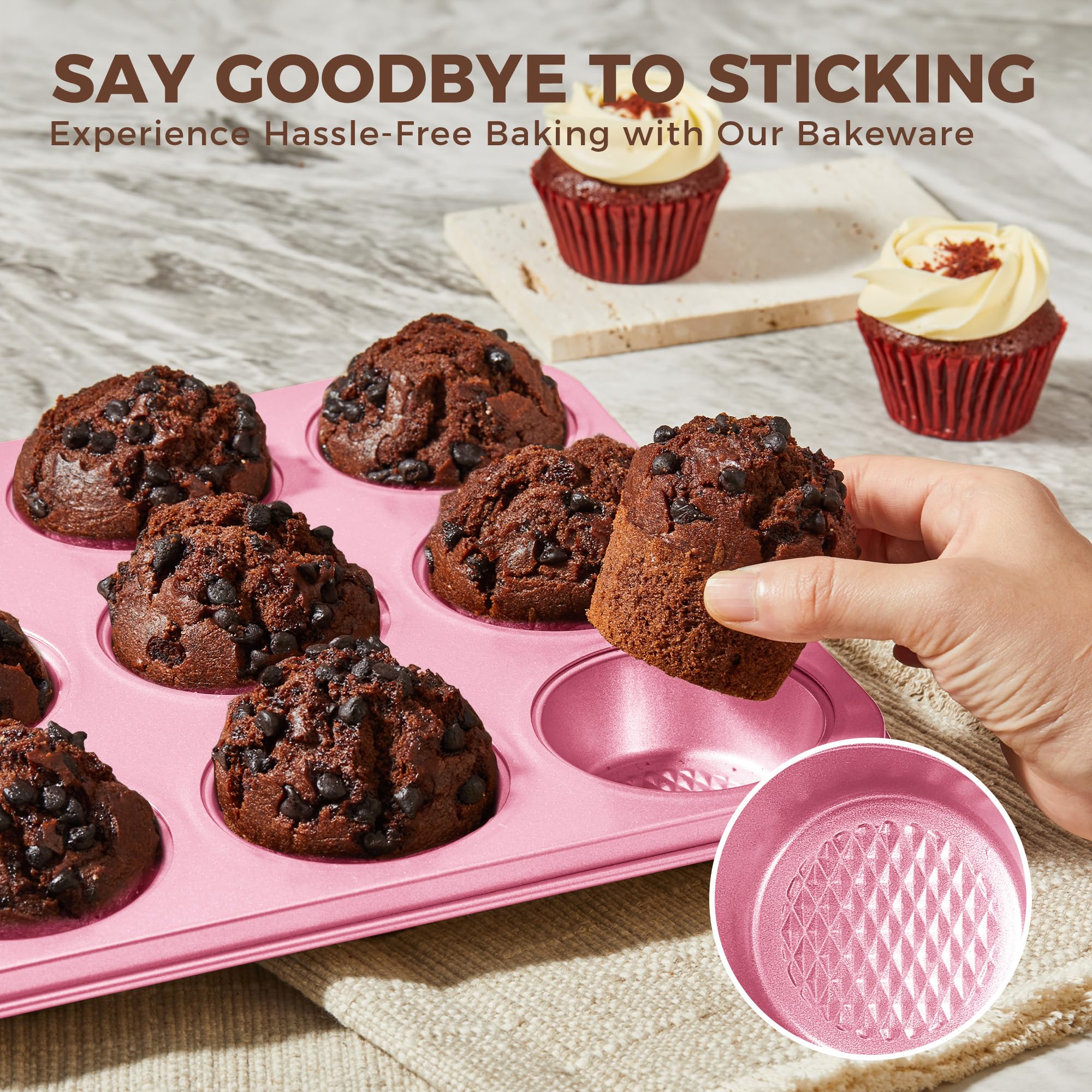 HONGBAKE 9-Piece Baking Pans Set Nonstick, Stackable Non Toxic Bakeware Sets with Diamond Texture, Oven Pan Set for Cooking, Includes Cookie Sheet with Rack, Cake Pan, Roasting Pan, Muffin Tin, Pink - Image 5