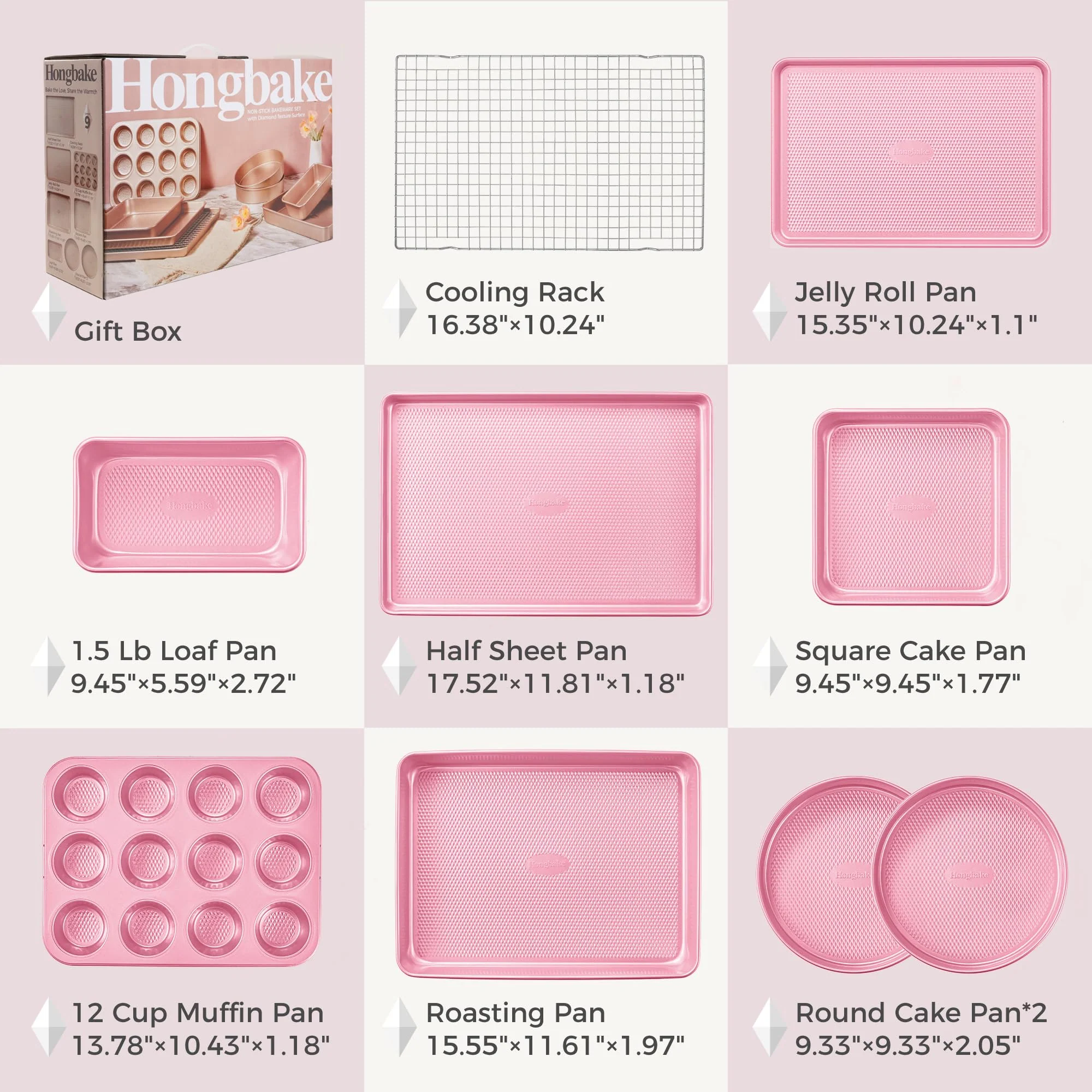 HONGBAKE 9-Piece Baking Pans Set Nonstick, Stackable Non Toxic Bakeware Sets with Diamond Texture, Oven Pan Set for Cooking, Includes Cookie Sheet with Rack, Cake Pan, Roasting Pan, Muffin Tin, Pink - Image 6