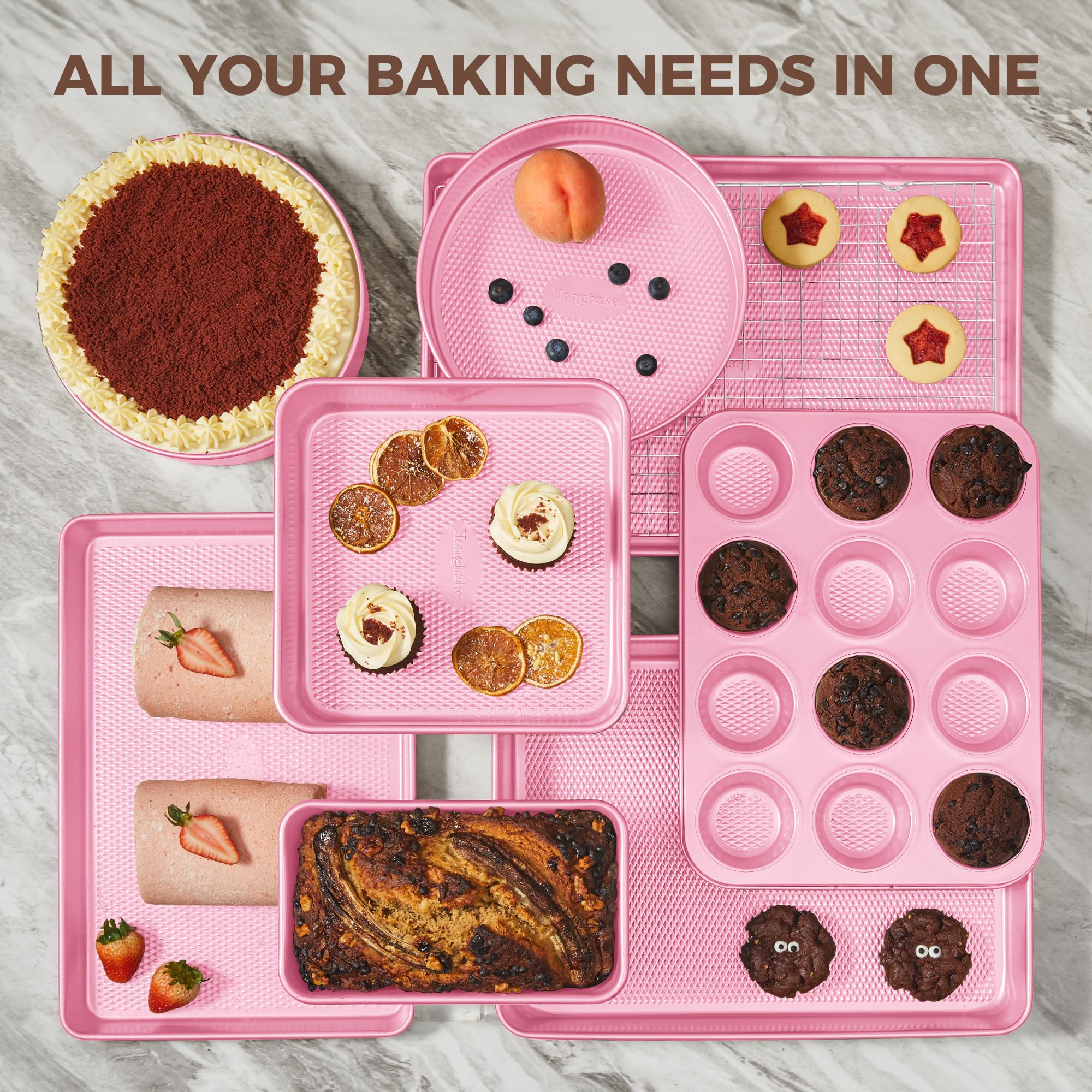HONGBAKE 9-Piece Baking Pans Set Nonstick, Stackable Non Toxic Bakeware Sets with Diamond Texture, Oven Pan Set for Cooking, Includes Cookie Sheet with Rack, Cake Pan, Roasting Pan, Muffin Tin, Pink - Image 8