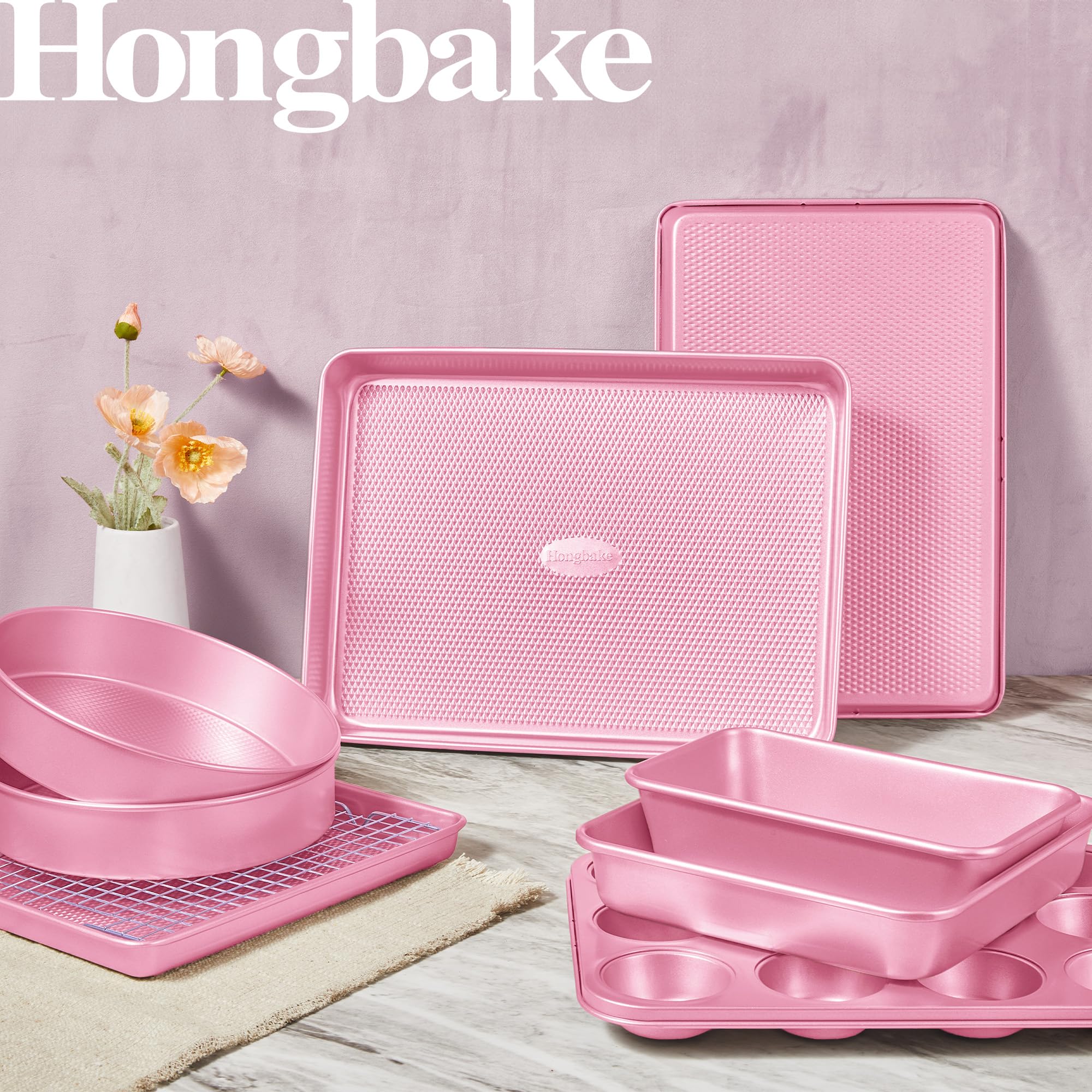 HONGBAKE 9-Piece Baking Pans Set Nonstick, Stackable Non Toxic Bakeware Sets with Diamond Texture, Oven Pan Set for Cooking, Includes Cookie Sheet with Rack, Cake Pan, Roasting Pan, Muffin Tin, Pink - Image 9