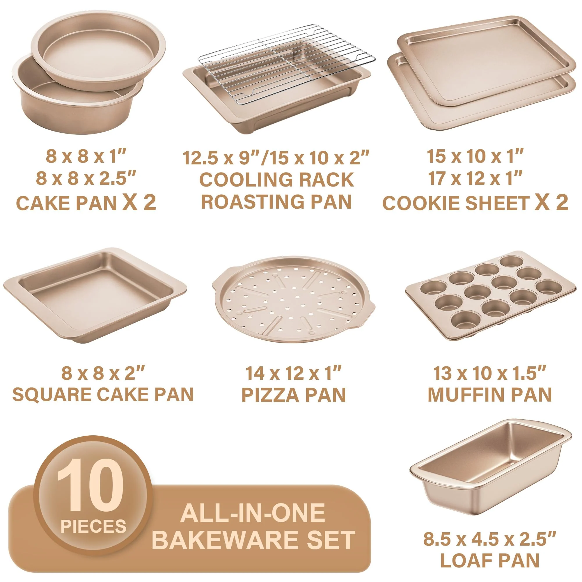 HONGBAKE Bakeware Sets, Baking Pans Set, Nonstick Oven Pan for Kitchen with Wider Grips, 10-Piece Including Rack, Cookie Sheet, Cake Pans, Loaf Pan, Muffin Pan, Pizza Pan - Champagne Gold - Image 7