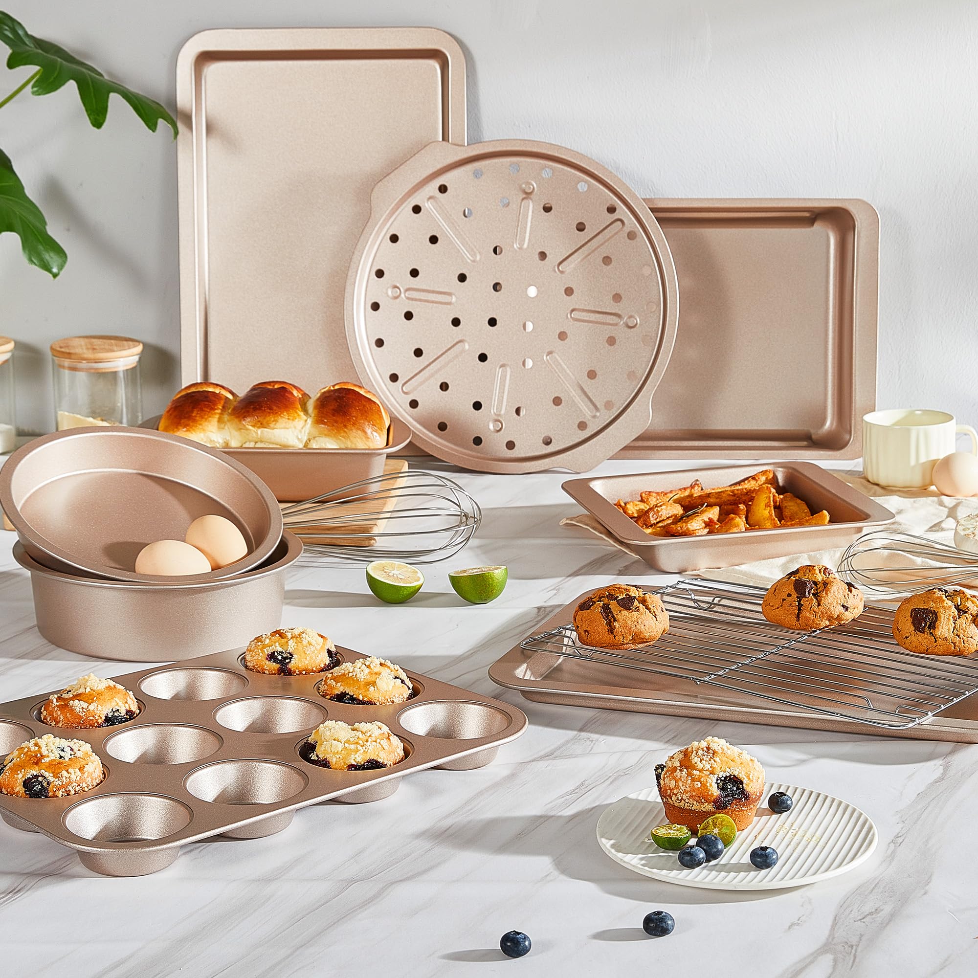 HONGBAKE Bakeware Sets, Baking Pans Set, Nonstick Oven Pan for Kitchen with Wider Grips, 10-Piece Including Rack, Cookie Sheet, Cake Pans, Loaf Pan, Muffin Pan, Pizza Pan - Champagne Gold - Image 8