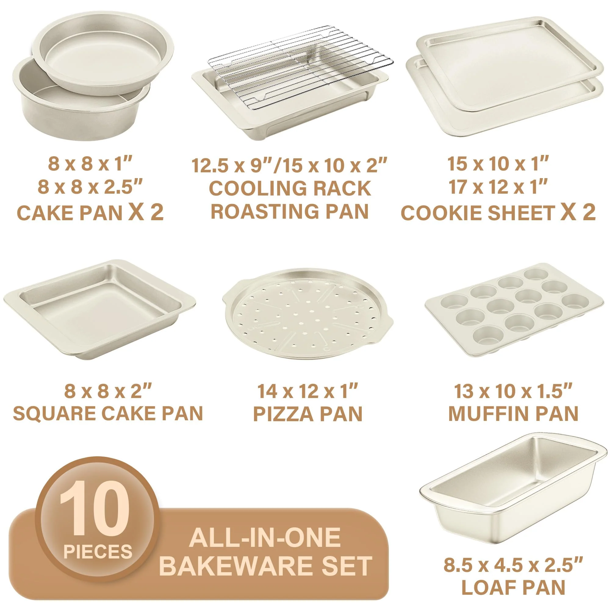 HONGBAKE Bakeware Sets, Baking Pans Set, Nonstick Oven Pan for Kitchen with Wider Grips, 10-Piece Including Rack, Cookie Sheet, Cake Pans, Loaf Pan, Muffin Pan, Pizza Pan -Cream - Image 6