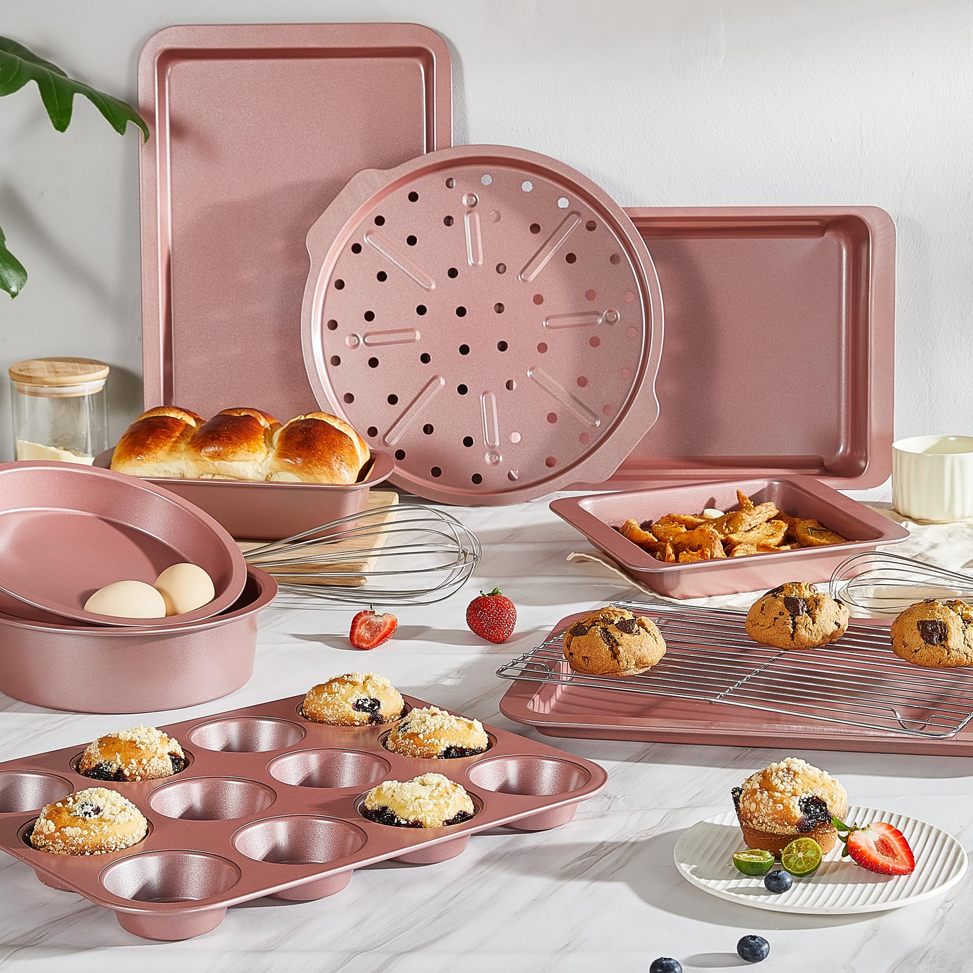 HONGBAKE Bakeware Sets, Baking Pans Set, Nonstick Oven Pan for Kitchen with Wider Grips, 10-Piece Including Rack, Cookie Sheet, Cake Pans, Loaf Pan, Muffin Pan, Pizza Pan - Pink - Image 7
