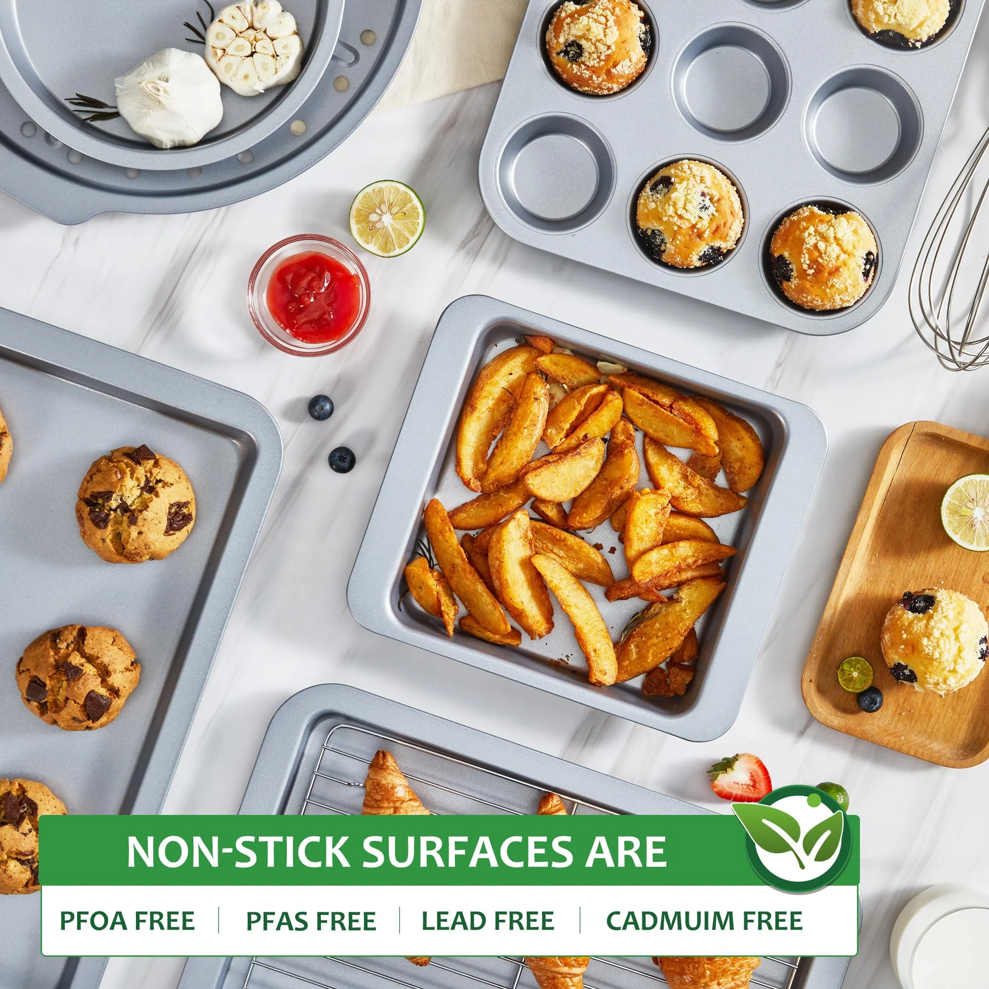 HONGBAKE Bakeware Sets, Baking Pans Set, Nonstick Oven Pan for Kitchen with Wider Grips, 10-Piece Including Rack, Cookie Sheet, Cake Pans, Loaf Pan, Muffin Pan, Pizza Pan - Sliver - Image 4