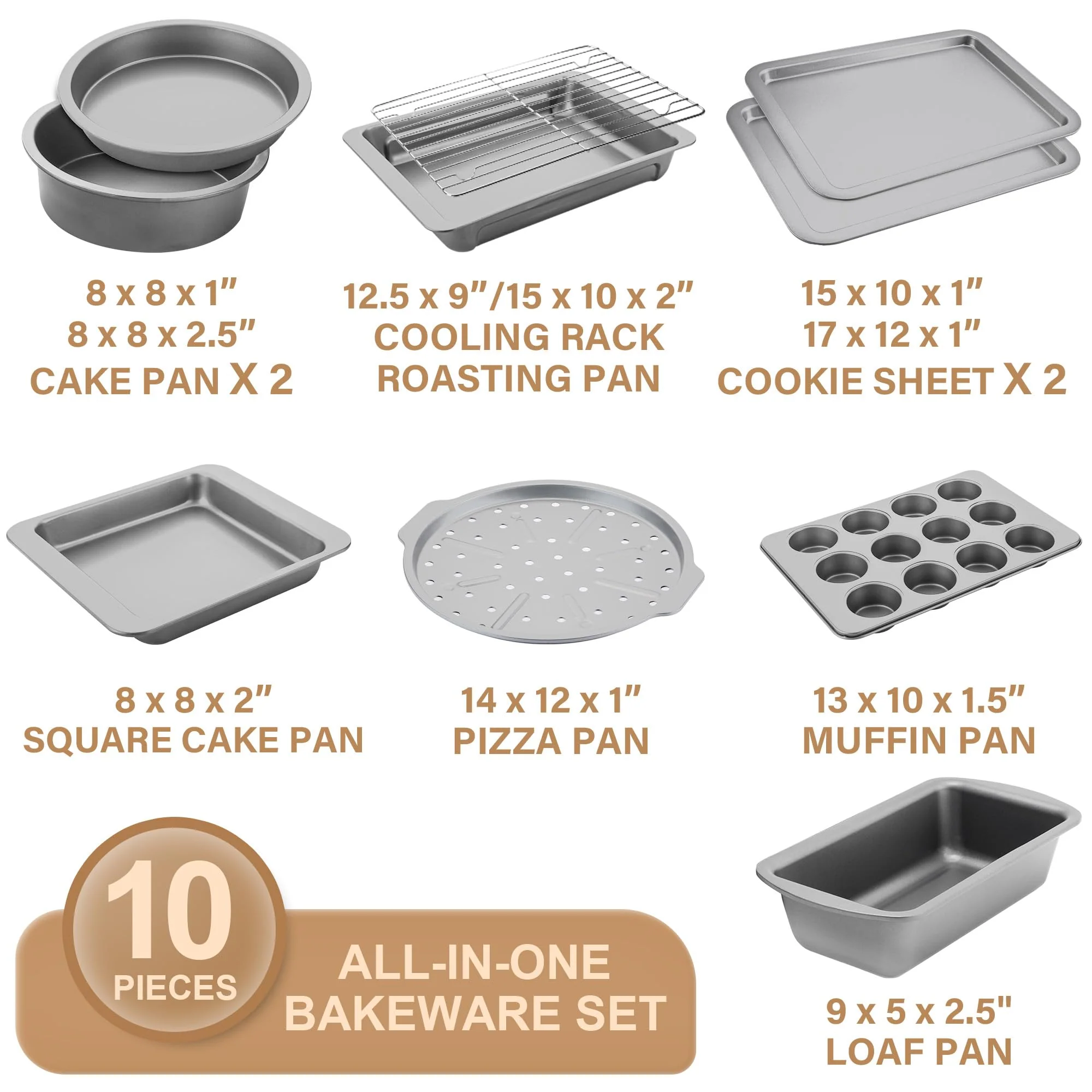 HONGBAKE Bakeware Sets, Baking Pans Set, Nonstick Oven Pan for Kitchen with Wider Grips, 10-Piece Including Rack, Cookie Sheet, Cake Pans, Loaf Pan, Muffin Pan, Pizza Pan - Sliver - Image 6