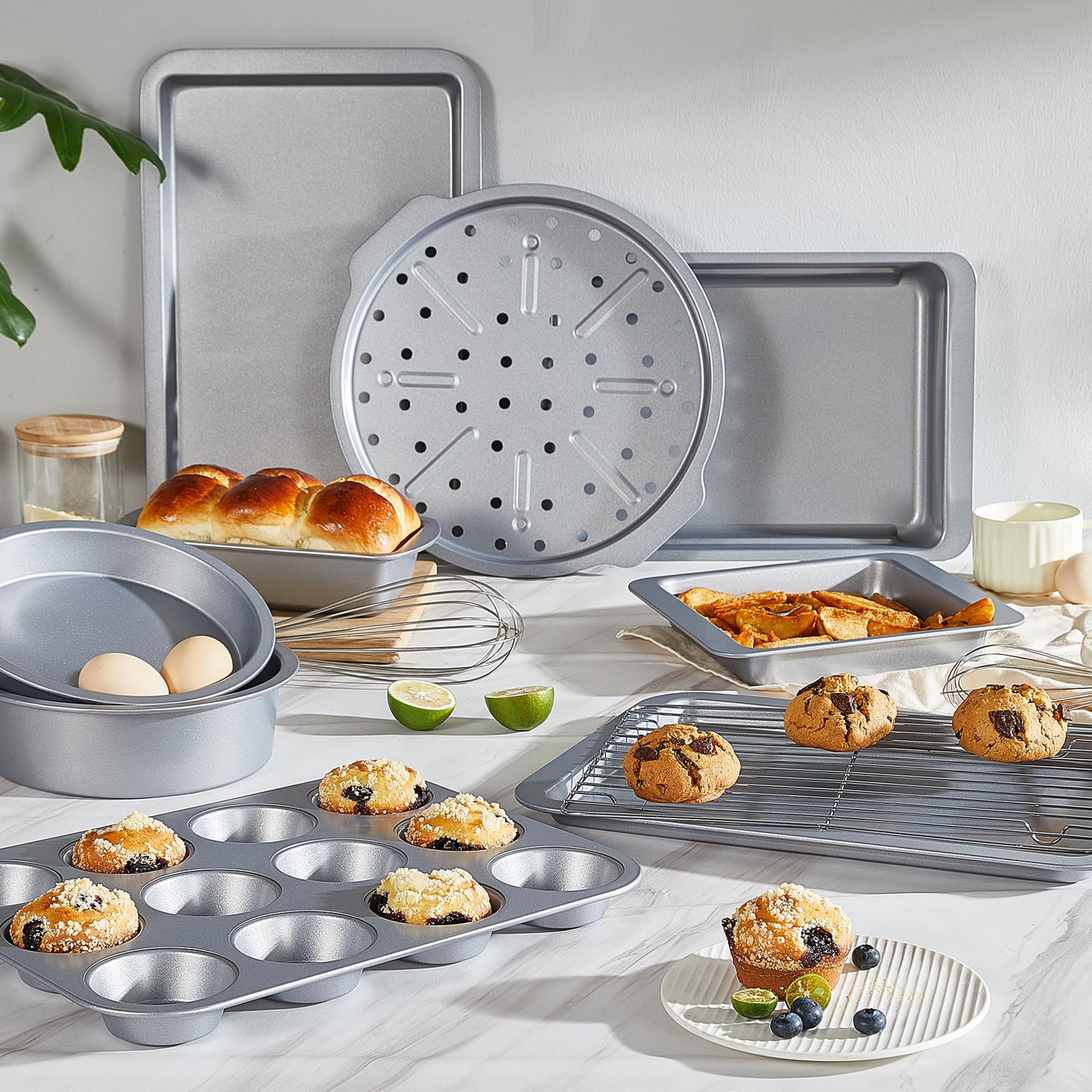 HONGBAKE Bakeware Sets, Baking Pans Set, Nonstick Oven Pan for Kitchen with Wider Grips, 10-Piece Including Rack, Cookie Sheet, Cake Pans, Loaf Pan, Muffin Pan, Pizza Pan - Sliver - Image 7