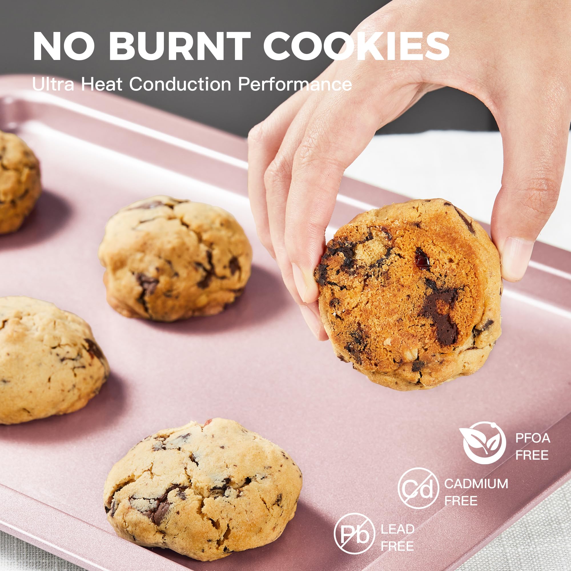 HONGBAKE Baking Sheet Pan Set, Cookie Sheet for Oven, Nonstick Bakeware Sets with Wider Grips, 3 Pack Half/Jelly Roll/Quarter Baking Tray, Premium, Dishwasher Safe-Pink - Image 4