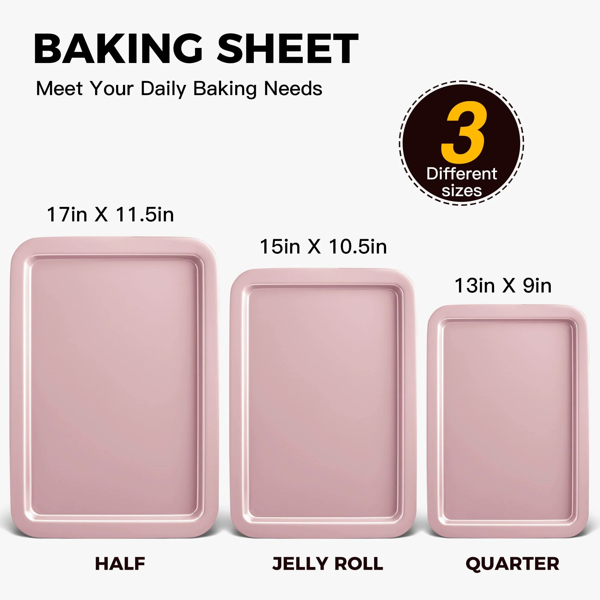 HONGBAKE Baking Sheet Pan Set, Cookie Sheet for Oven, Nonstick Bakeware Sets with Wider Grips, 3 Pack Half/Jelly Roll/Quarter Baking Tray, Premium, Dishwasher Safe-Pink - Image 5
