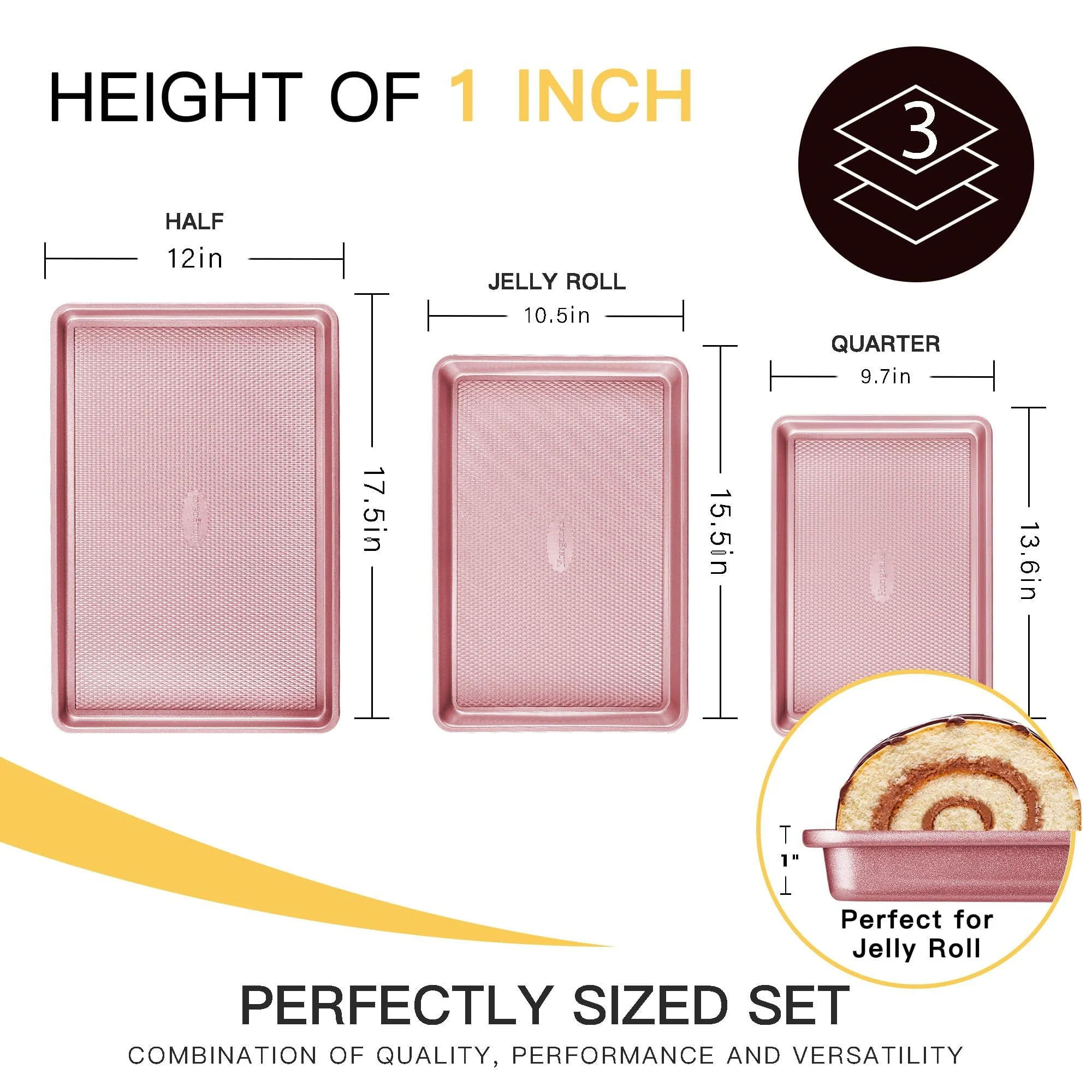 HONGBAKE Baking Sheet Pan Set, Cookie Sheets for Oven, Nonstick Half/Quarter/Jelly Roll Pans with Diamond Texture Pattern, Heavy Duty Cookie Tray, Pink - Image 6