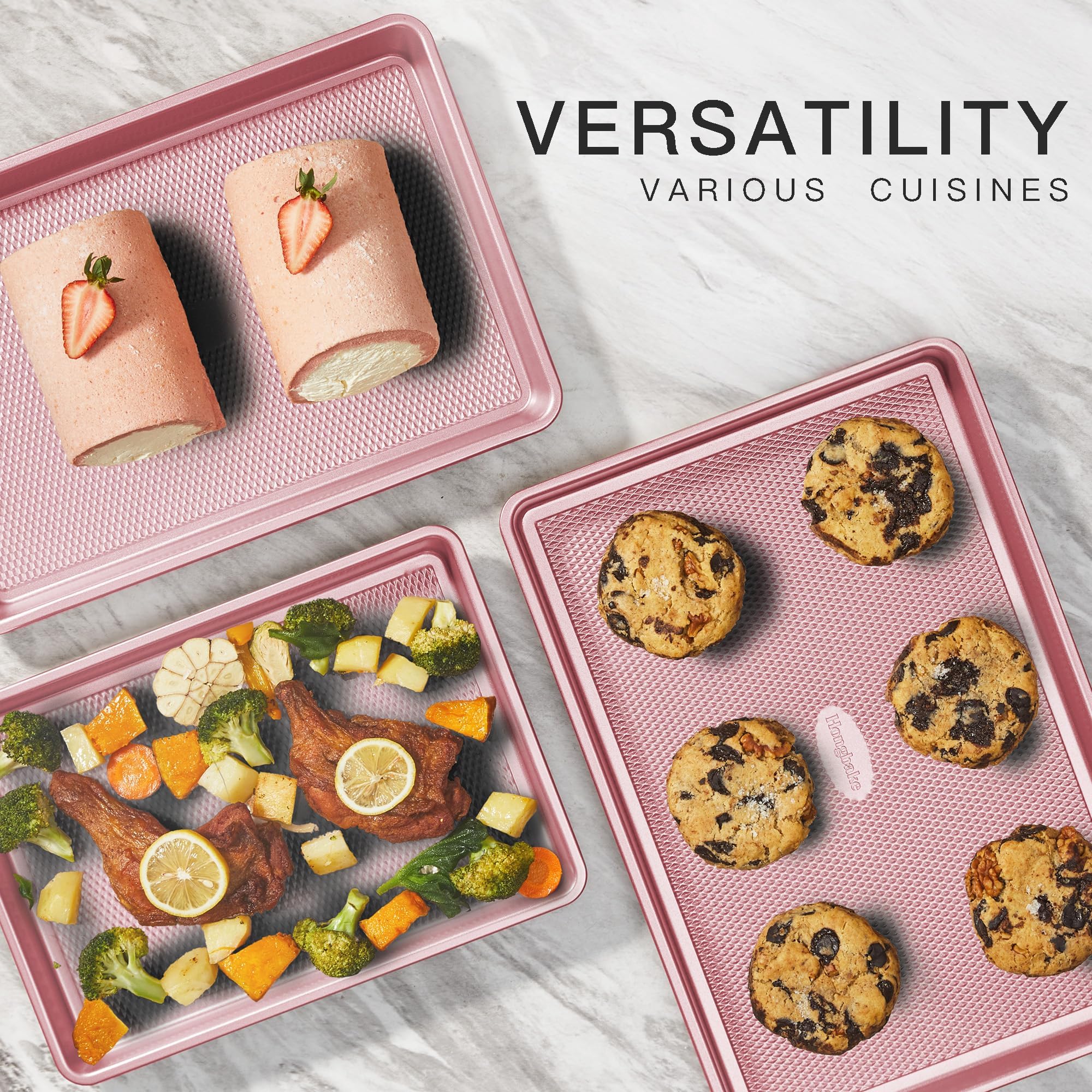 HONGBAKE Baking Sheet Pan Set, Cookie Sheets for Oven, Nonstick Half/Quarter/Jelly Roll Pans with Diamond Texture Pattern, Heavy Duty Cookie Tray, Pink - Image 8