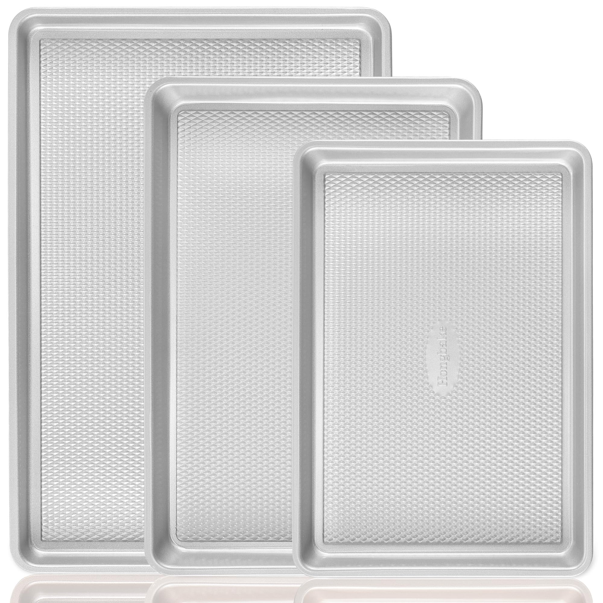 HONGBAKE Baking Sheet Pan Set, Cookie Sheets for Oven, Nonstick Half/Quarter/Jelly Roll Pans with Diamond Texture Pattern, Heavy Duty Cookie Tray, Silver