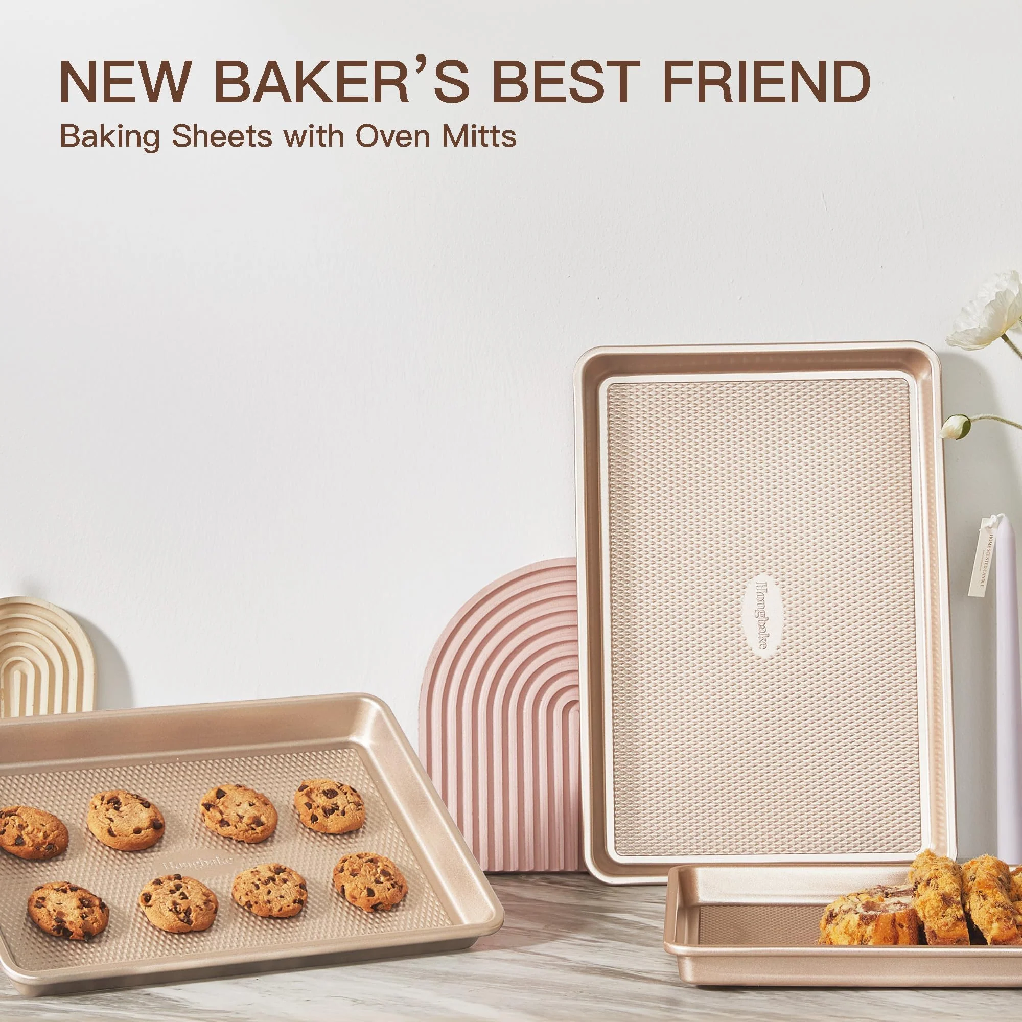 HONGBAKE Baking Sheet Pan Set of 3, Cookie Sheets for Oven, Nonstick Half/Quarter/Jelly Roll Pans with Diamond Texture Pattern, 0.8mm Thick Heavy Duty Cookie Tray, Champagne Gold - Image 3