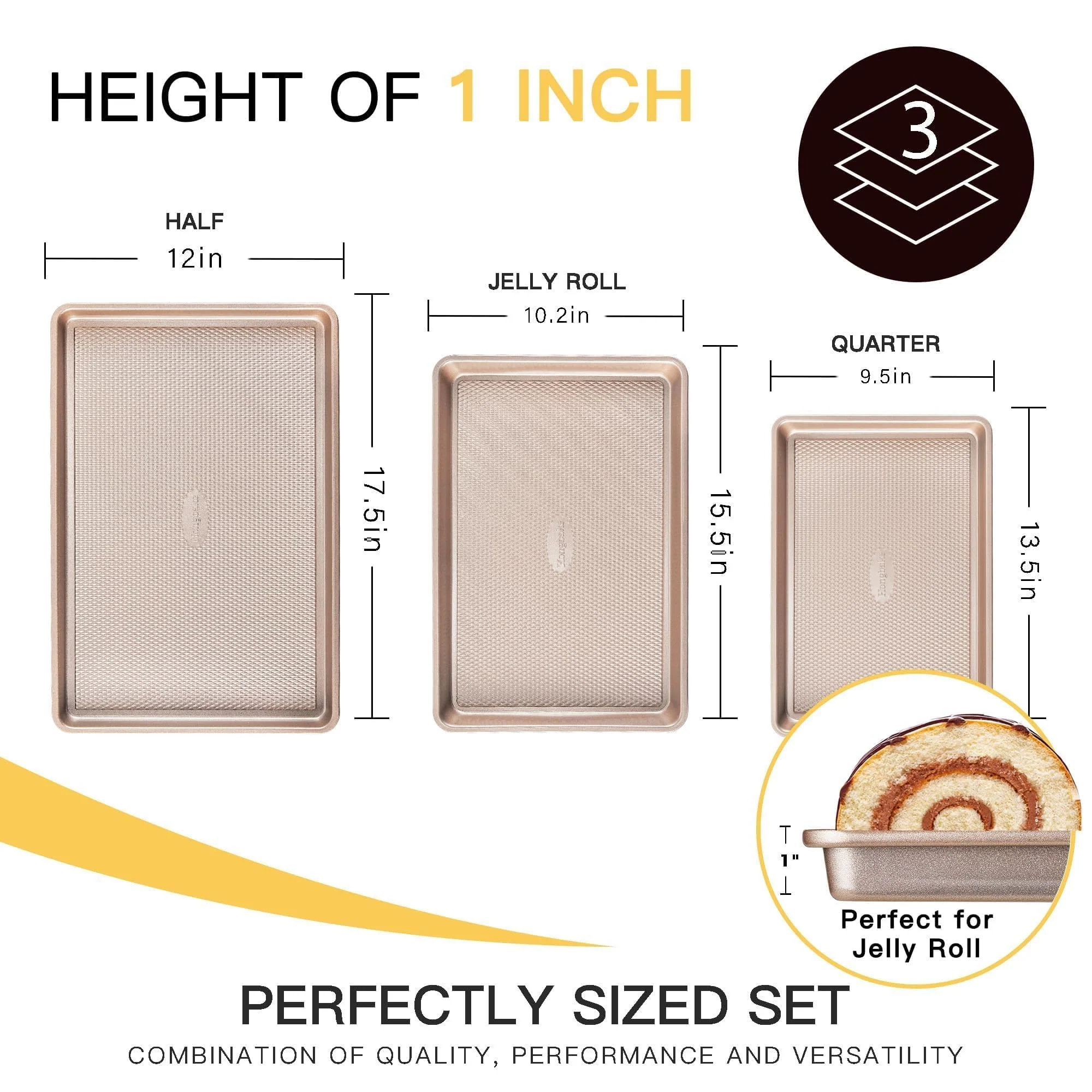 HONGBAKE Baking Sheet Pan Set of 3, Cookie Sheets for Oven, Nonstick Half/Quarter/Jelly Roll Pans with Diamond Texture Pattern, 0.8mm Thick Heavy Duty Cookie Tray, Champagne Gold - Image 5